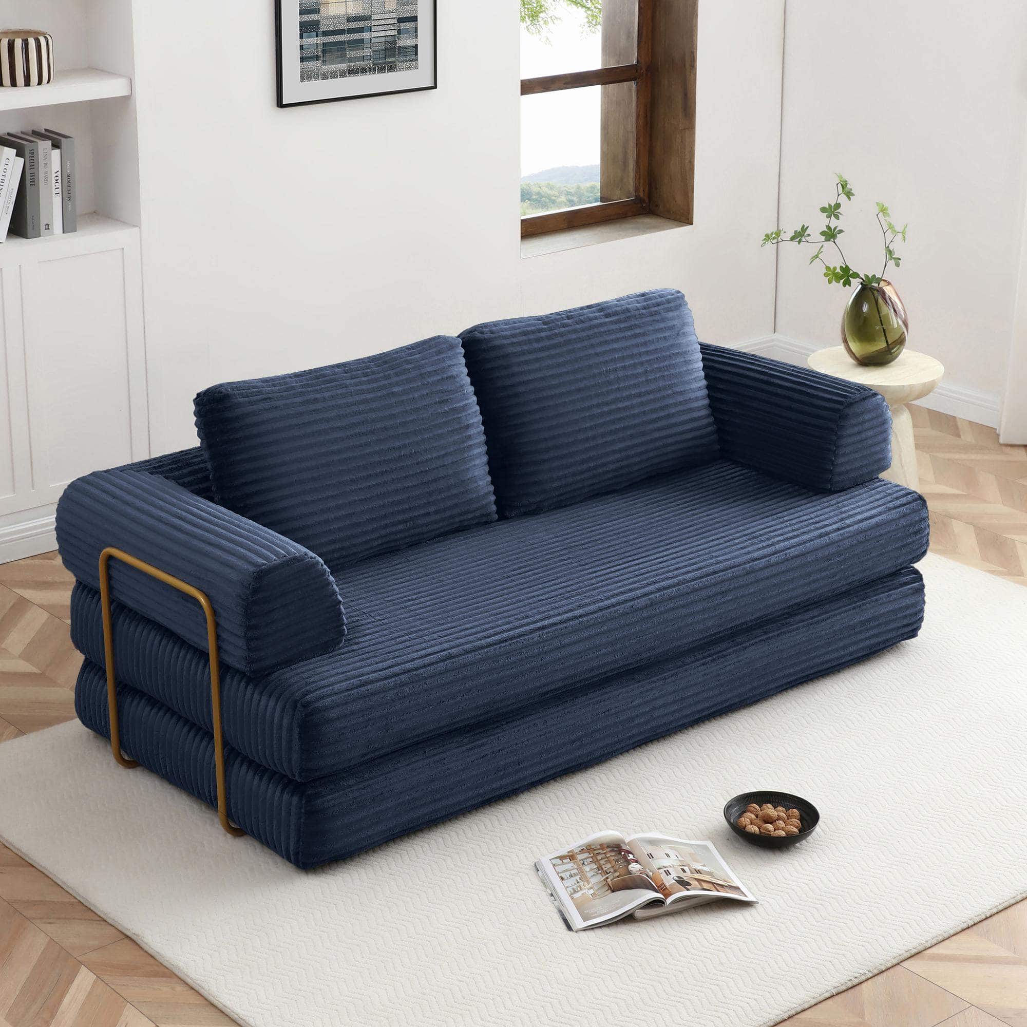 Roomtec - Convertible Sofa Bed Folding Floor Couch Corduroy Fold Out Couch Bed Futon Sleeper Mattress with Pillows Boneless Sofa - Blue