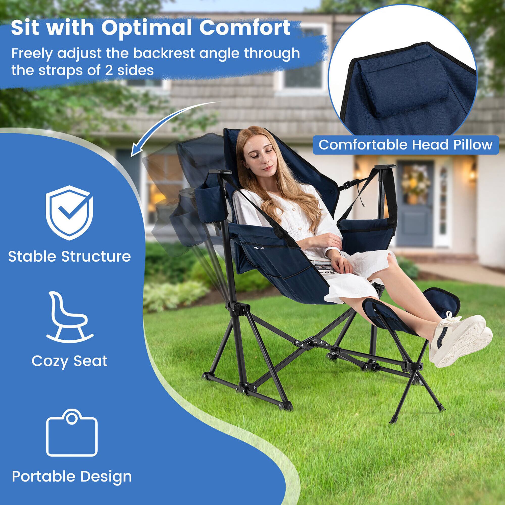 Sure, here is the corrected and grouped text from the image:

---

**Sit with Optimal Comfort**

- Freely adjust the backrest angle through the straps of 2 sides

**Comfortable Head Pillow**

**Stable Structure**

**Cozy Seat**

**Portable Design**

---