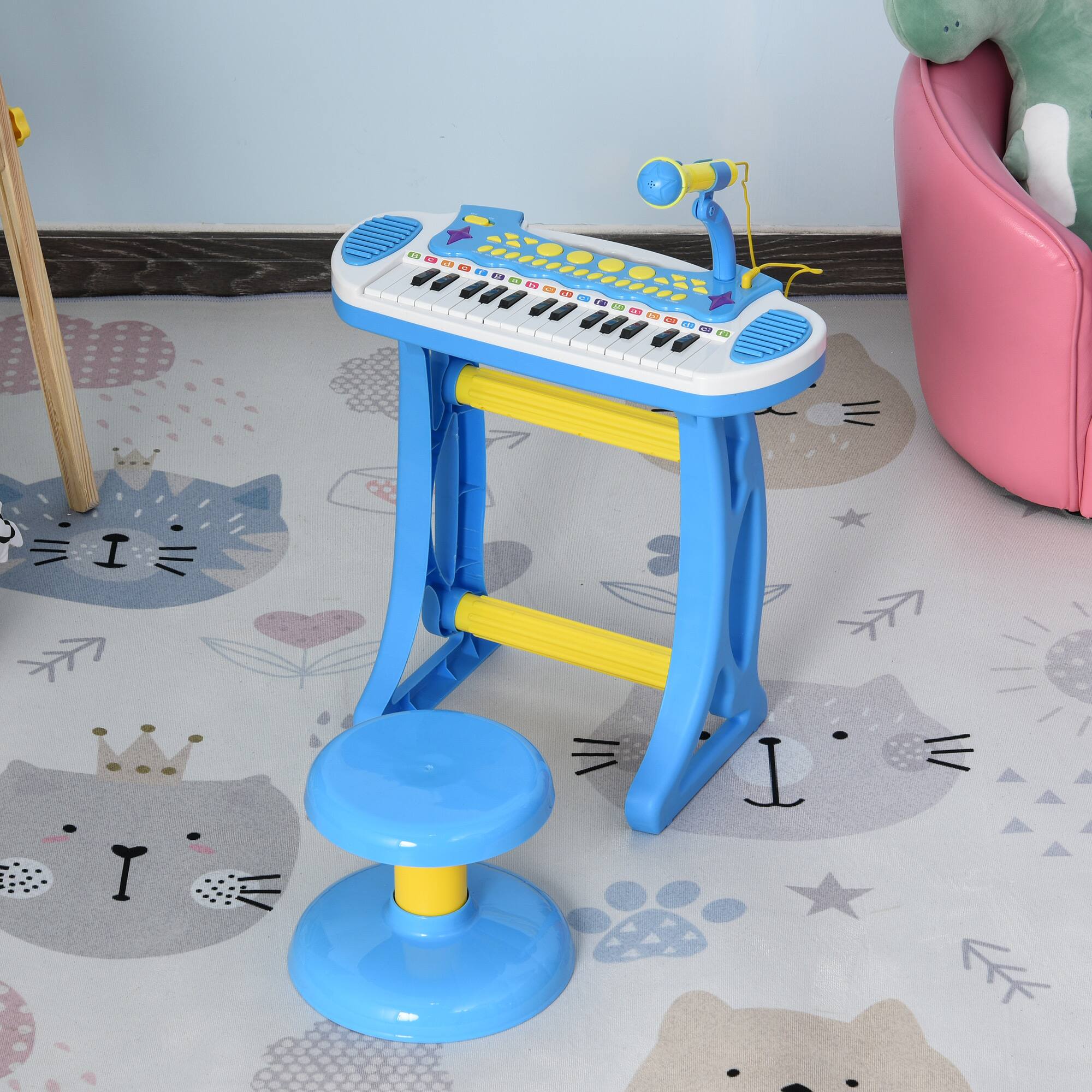 Alt View 1. Ecooso - 31-Key Kids Toy Keyboard Piano Electronic Musical Instrument w/ Sounds, Microphone, Stool, Flashing Lights for Kids 3-6 - Blue.