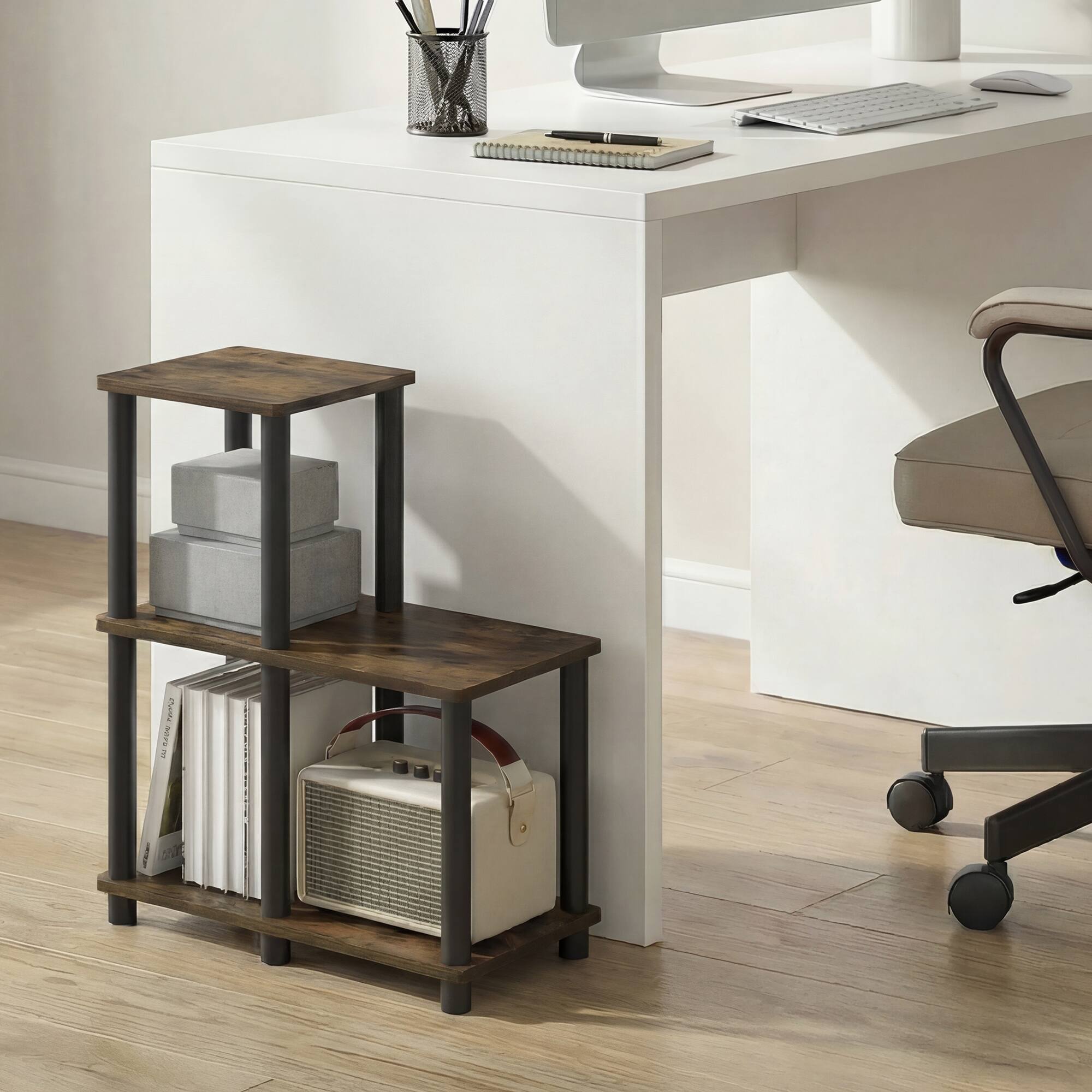 Alt View 1. Furinno - TURN-N-TUBE Storage Shelves, 3-Tier Ladder Book Shelf with Open Frame Design, 3-Cube Toolless Corner Shelf - Amber Pine/Black.