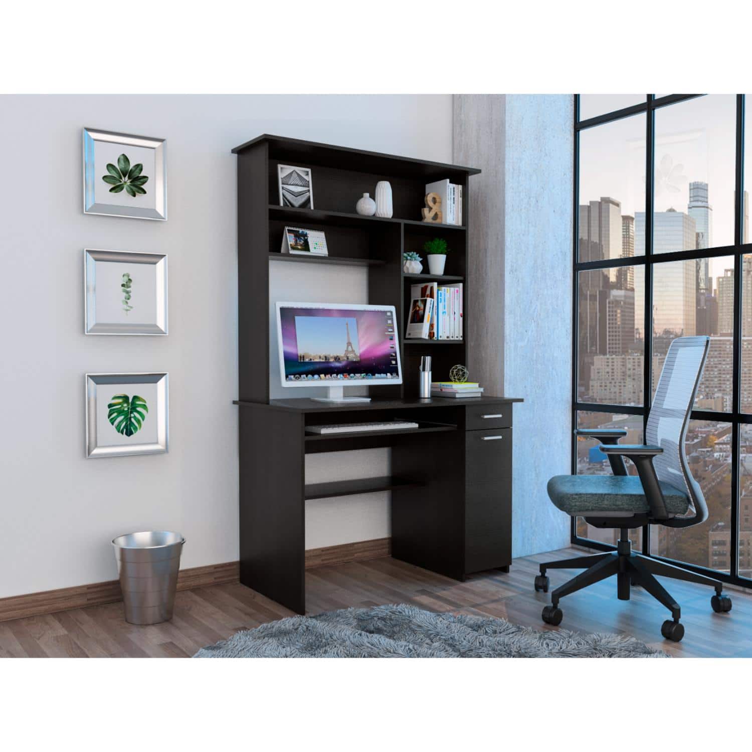 TuHome - Compu 180 Hutch Desk, Multiple Shelves, Keyboard Tray, Cpu Anel, One Drawer - Black