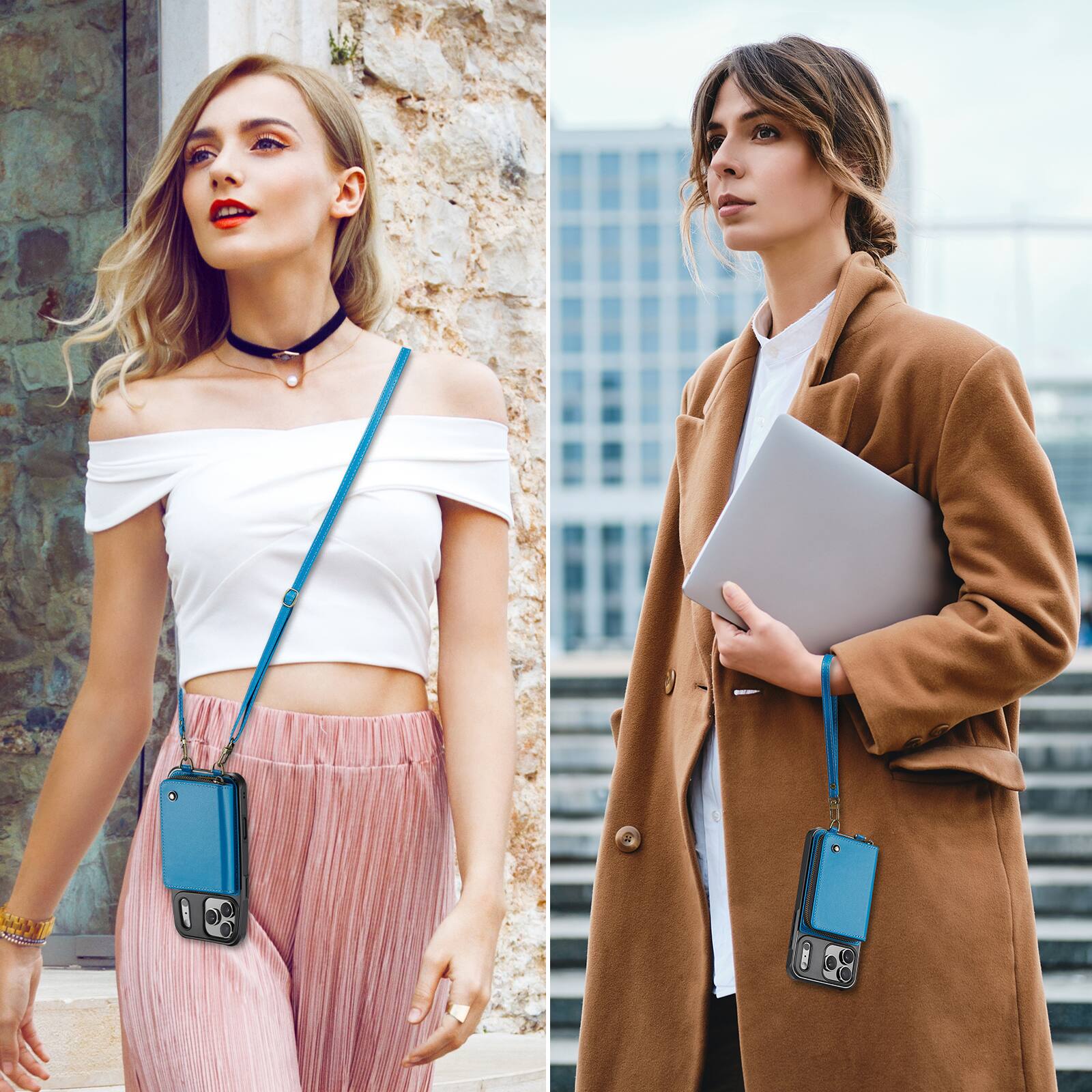 Alt View 2. Dteck - Crossbody Zipper Wallet Case for Apple iPhone 17 Pro, RFID Blocking PU Leather Card Slots Wrist Strap Lanyard Cover - Blue.