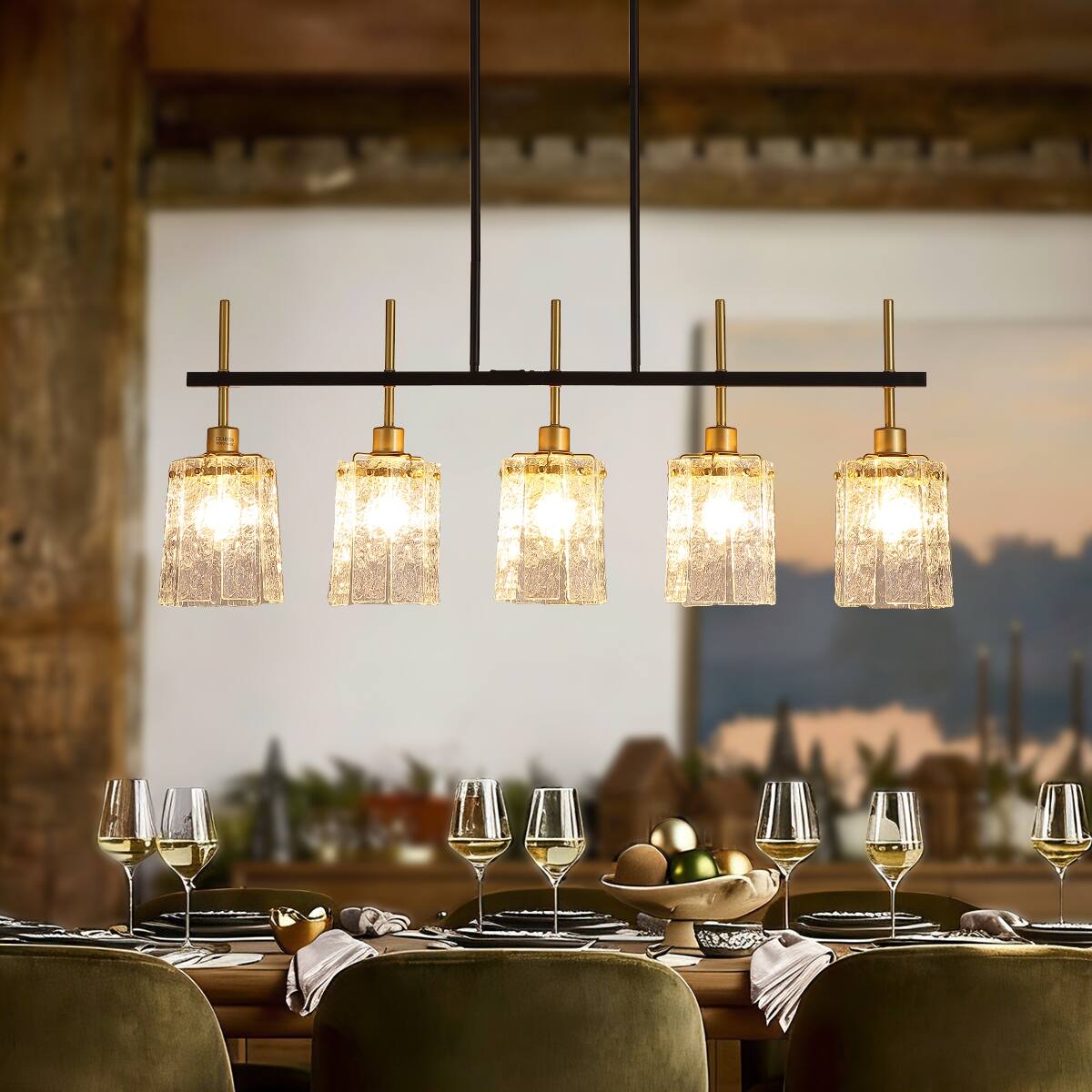 Angle. Loheer - Loheer Five Light Linear Chandelier With Water Ripple Glass for Dining Room or Kitchen Island.