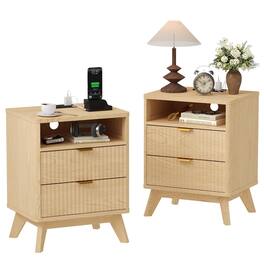 Acekool - Fluted Nightstand Set of 2 with Charging Station, 15" Mid Century Modern Bedside Table with 2 Drawer - Yellow