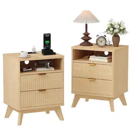 Front. Acekool - Fluted Nightstand Set of 2 with Charging Station, 15" Mid Century Modern Bedside Table with 2 Drawer - Yellow.