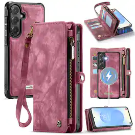 Dteck - Multi-Functional Wallet Case for Samsung Galaxy A16 5G,Large Card Slots Zipper Magnetic Detachable Cover With Strap - Red