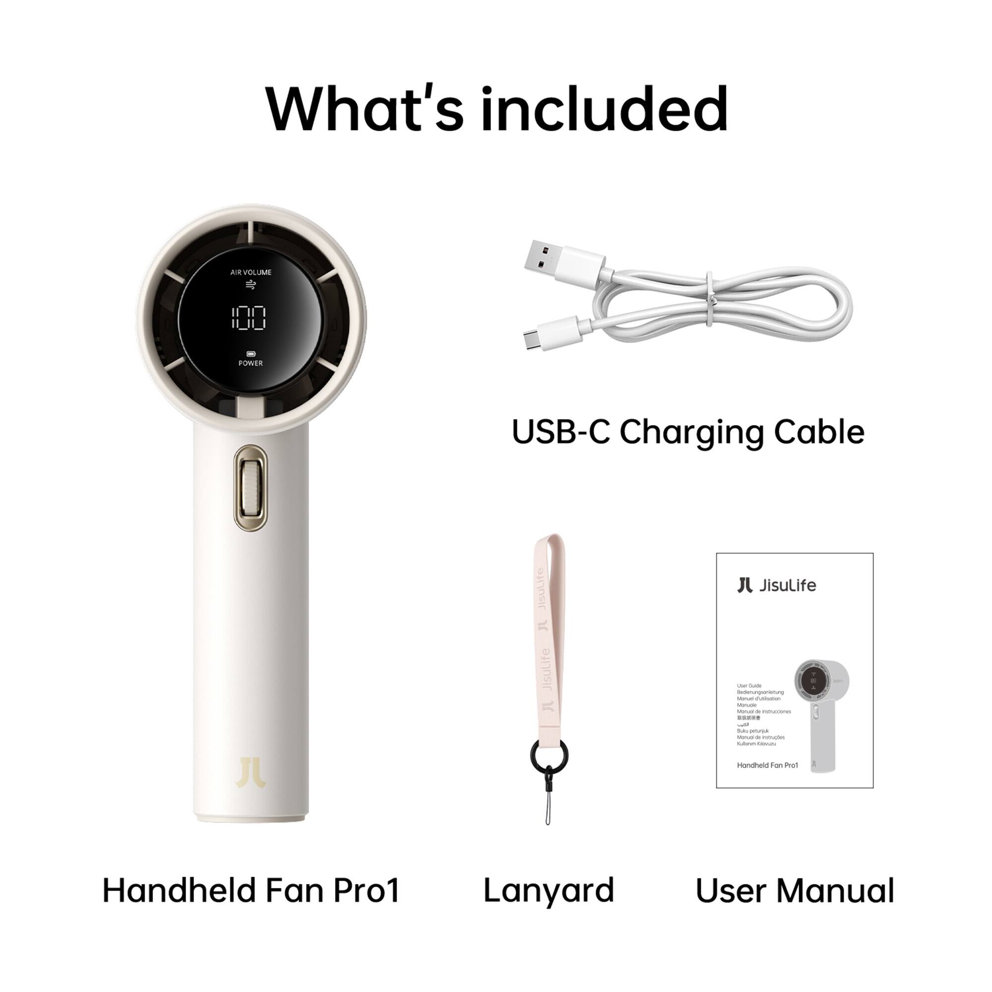 What's included

- AIVOLIAAN PORR USB-C Charging Cable
- JisuLite
- JisuLife
- Handheld Fan Pro1
- Lanyard
- User Manual