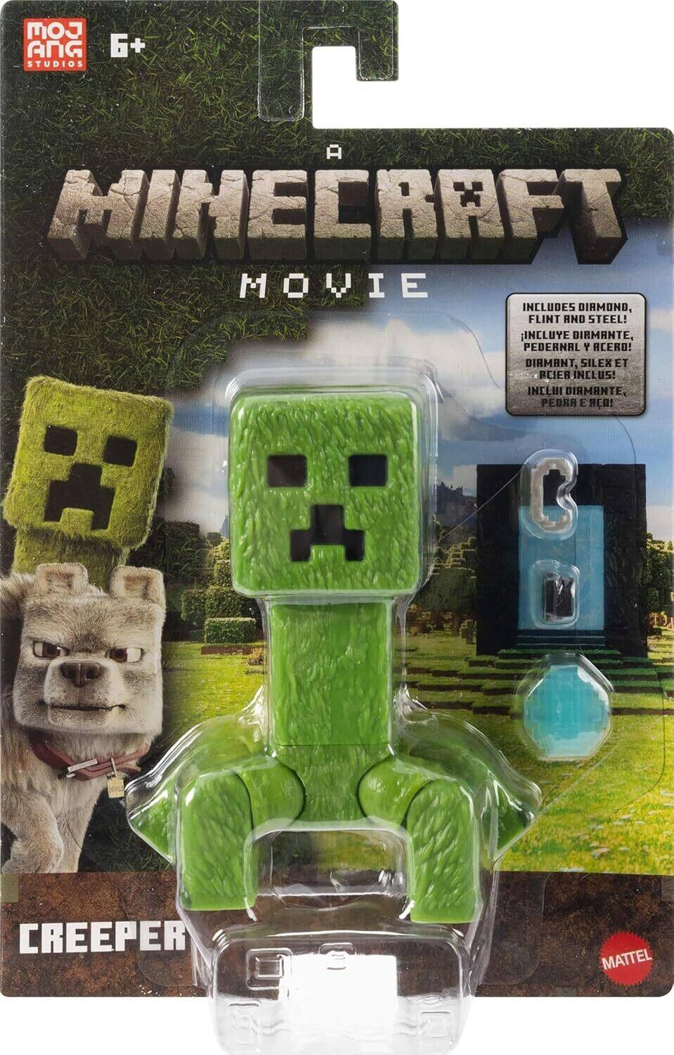 MOJ ANG STUDIOS  
6+  

MINECRAFT MOVIE  

CREEPER  

INCLUDES DIAMOND, FLINT AND STEEL!  
INCLUYE DIAMANTE, PEDERNAL Y ACERO!  
DIAMANT, SILIX ET ACIER INCLUS!  
INCLUÍ DIAMANTE, PEDRA E ACER!  

MATTEL