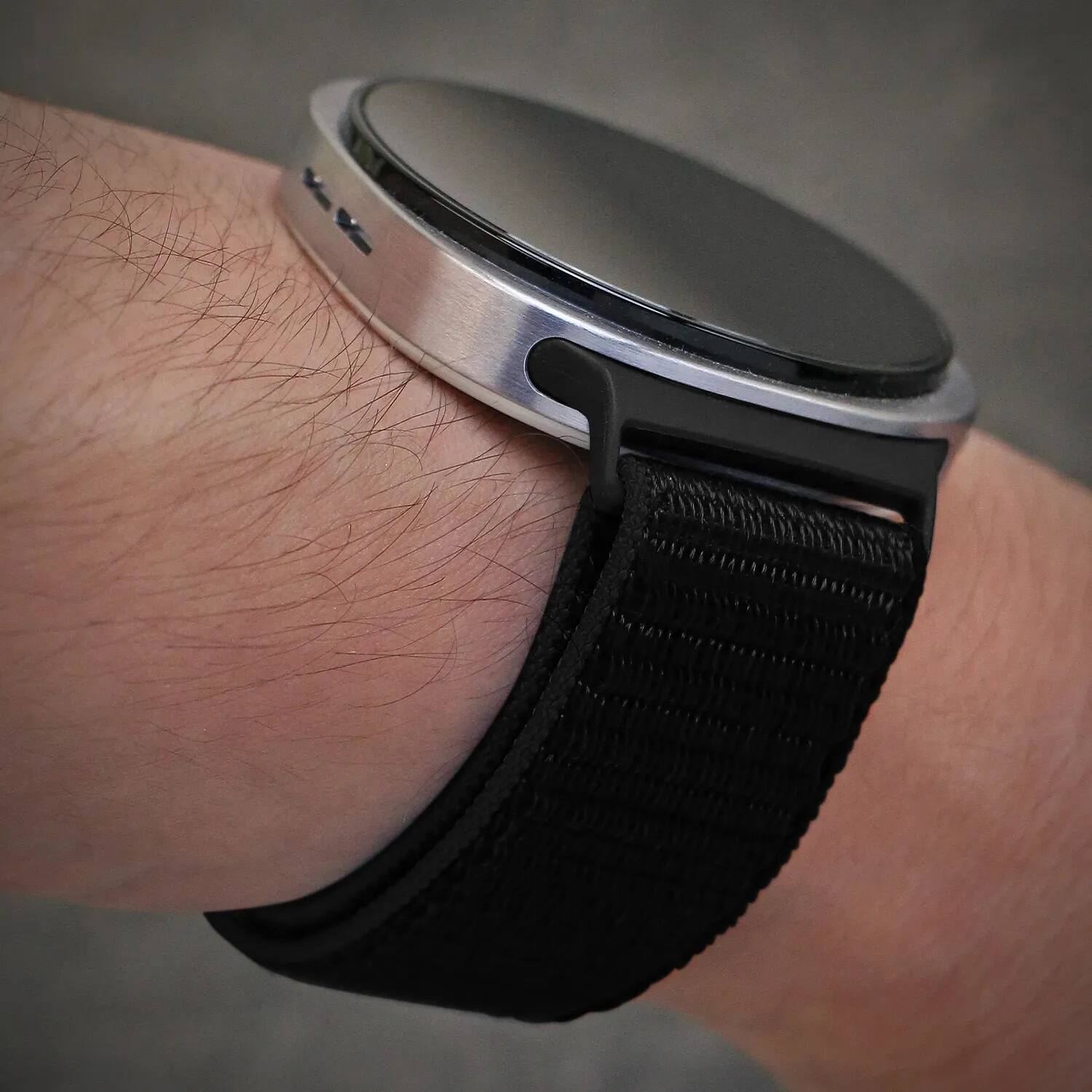 Left. StrapsCo - Nylon Comfort Watch Band Strap For Samsung Galaxy Watch 8 - Black.