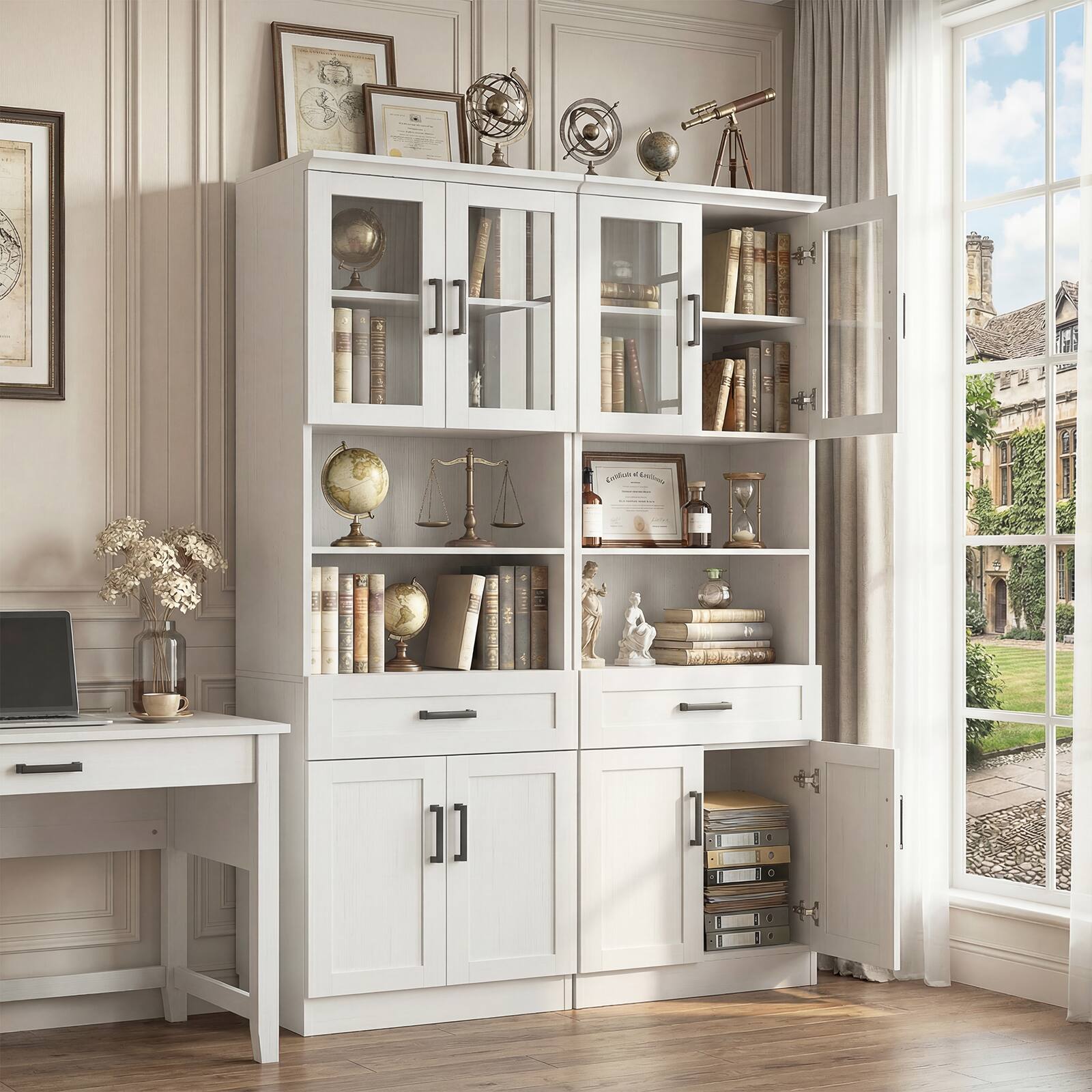 Left. Aheaplus - 79.7" Tall Pantry Cabinet Set of 2, Kitchen Hutch Cabinet with Adjustable Shelves and Drawers - White.