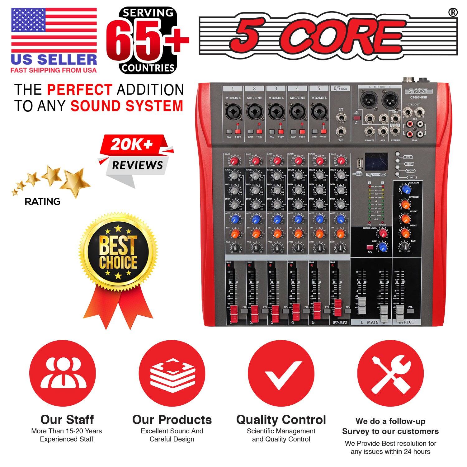 **US SELLER**  
FAST SHIPPING FROM USA  

**SERVING 65+ COUNTRIES**  

**THE PERFECT ADDITION TO ANY SOUND SYSTEM**  

**20K+ REVIEWS**  

**RATING**  

**BEST CHOICE**  

**5 CORE**  

**Our Staff**  
More Than 15-20 Years Experienced Staff  

**Our Products**  
Excellent Sound And Careful Design  

**Quality Control**  
Scientific Management and Quality Control  

**We do a follow-up Survey to our customers**  
We Provide Best resolution for any issues within 24 hours