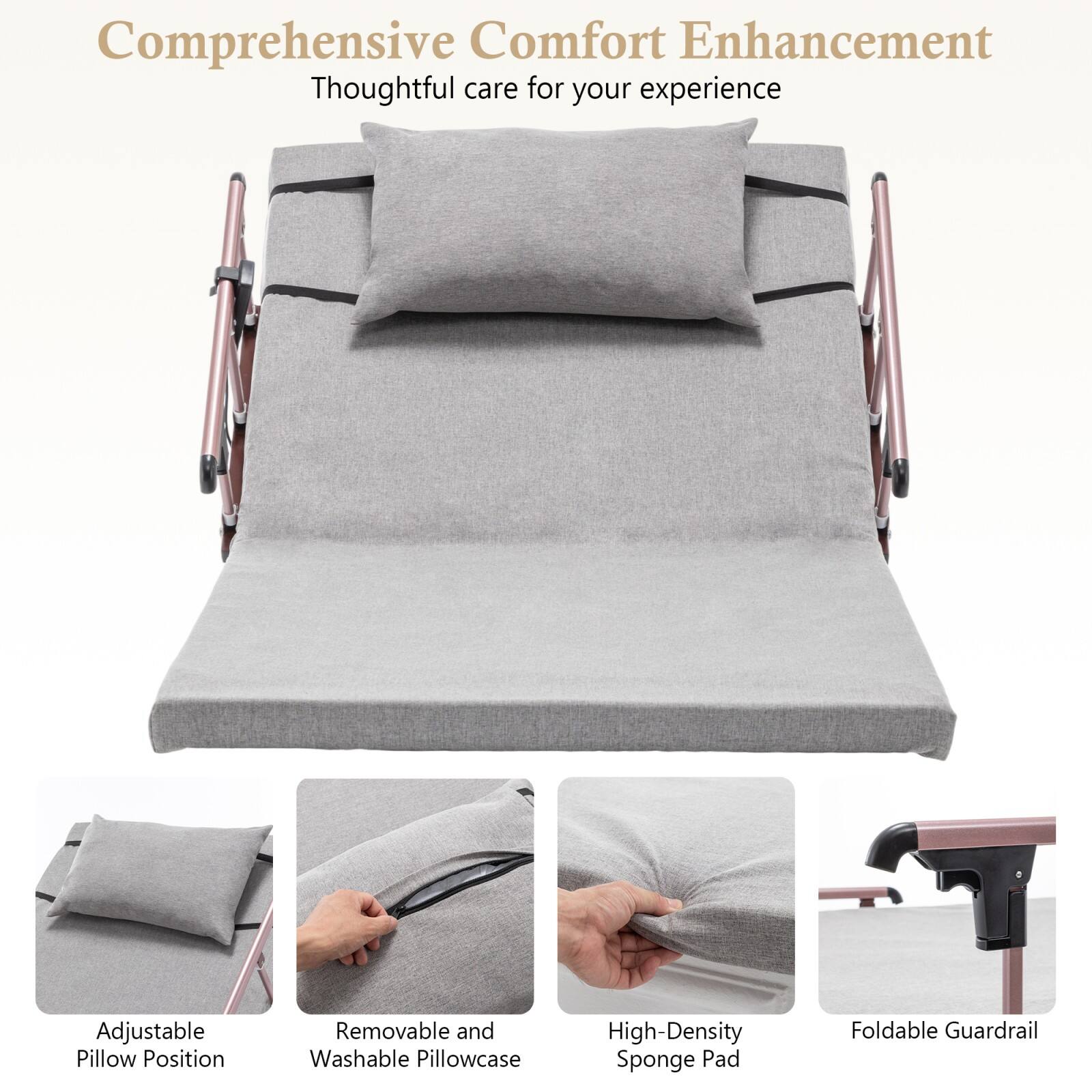 Comprehensive Comfort Enhancement  
Thoughtful care for your experience  

- Adjustable Pillow Position  
- Removable and Washable Pillowcase  
- High-Density Sponge Pad  
- Foldable Guardrail