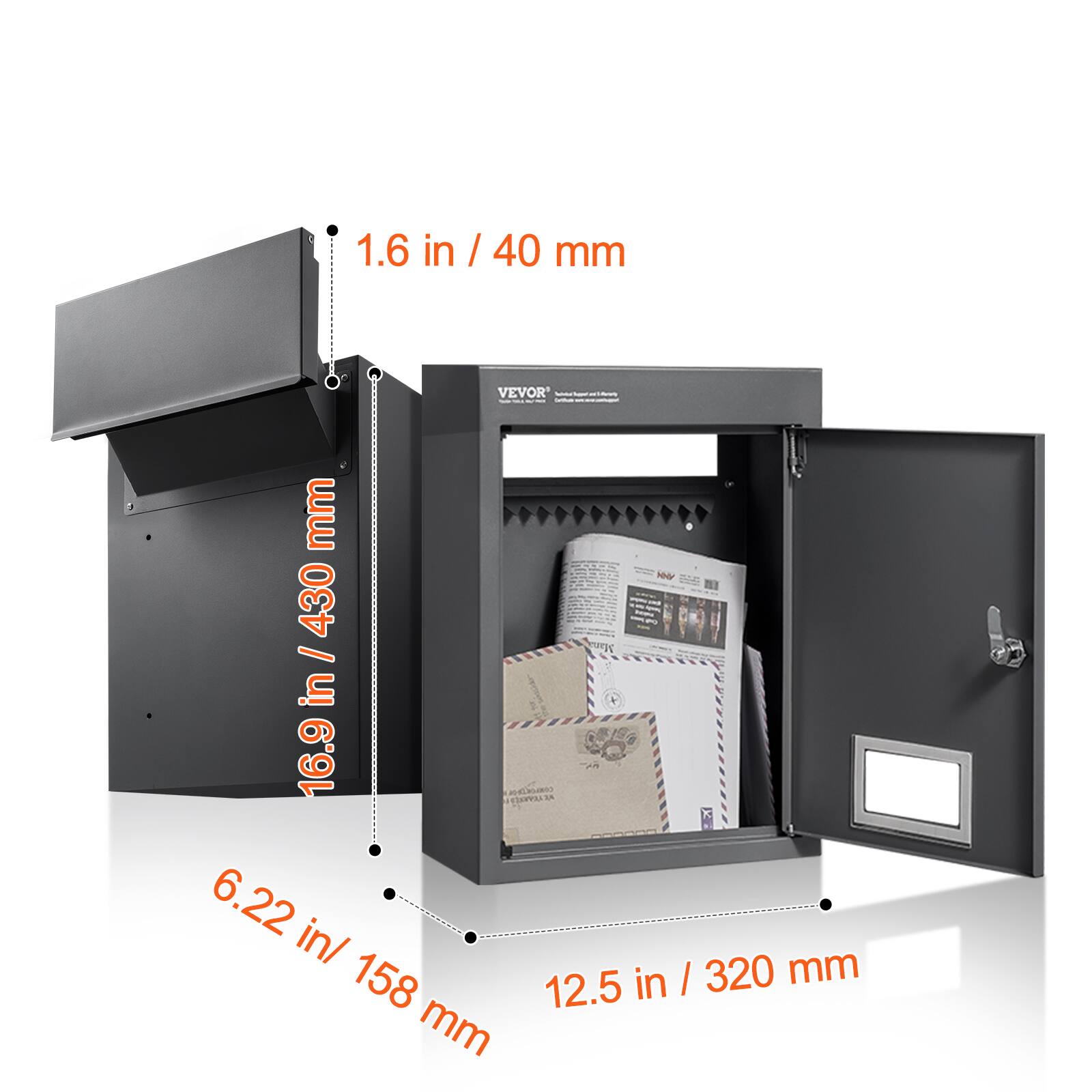 1.6 in / 40 mm  
16.9 in / 430 mm  
6.22 in / 158 mm  
12.5 in / 320 mm