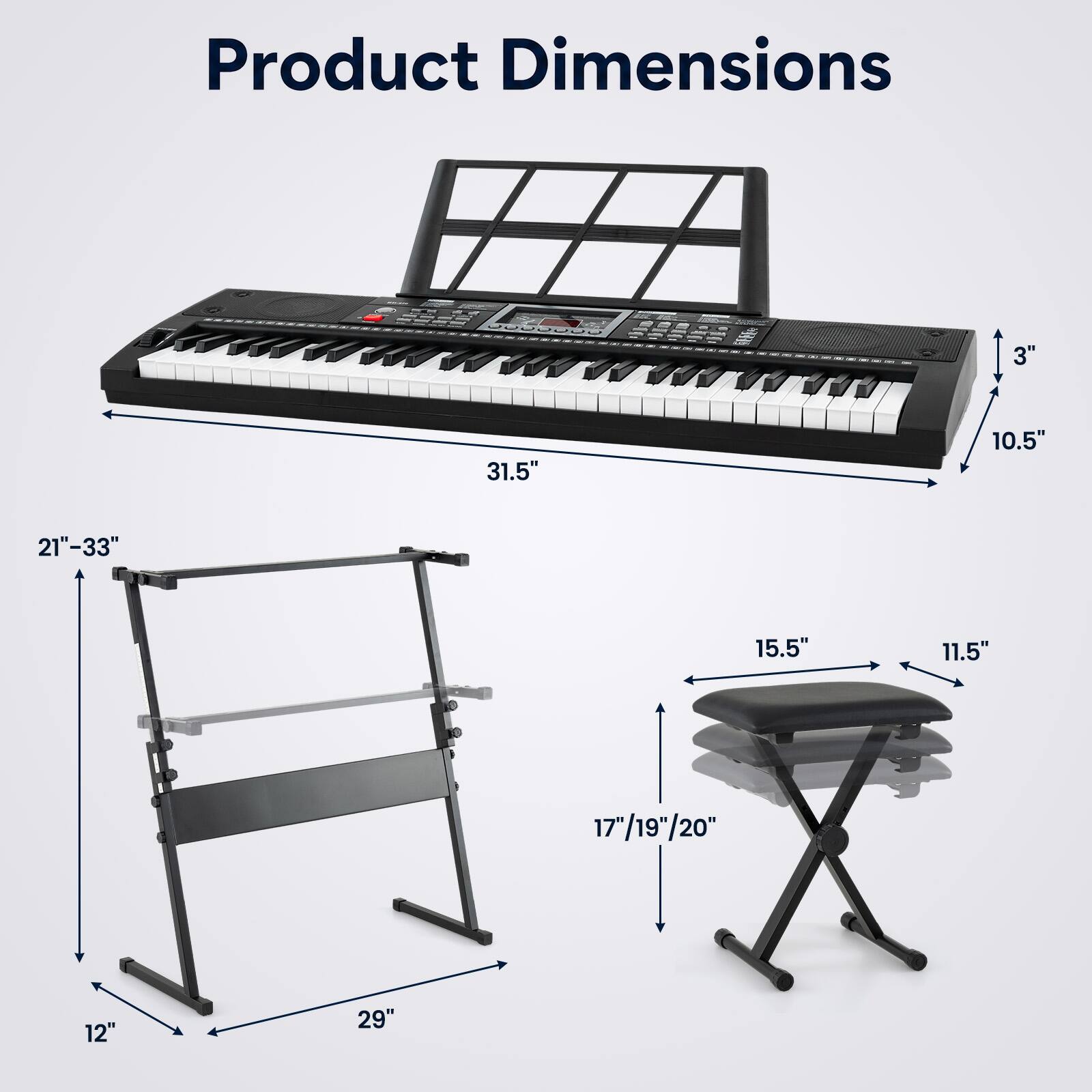 Product Dimensions

- 31.5"
- 10.5"
- 21"-33"
- 15.5"
- 11.5"
- 17"/19"/20"
- 12"
- 29"