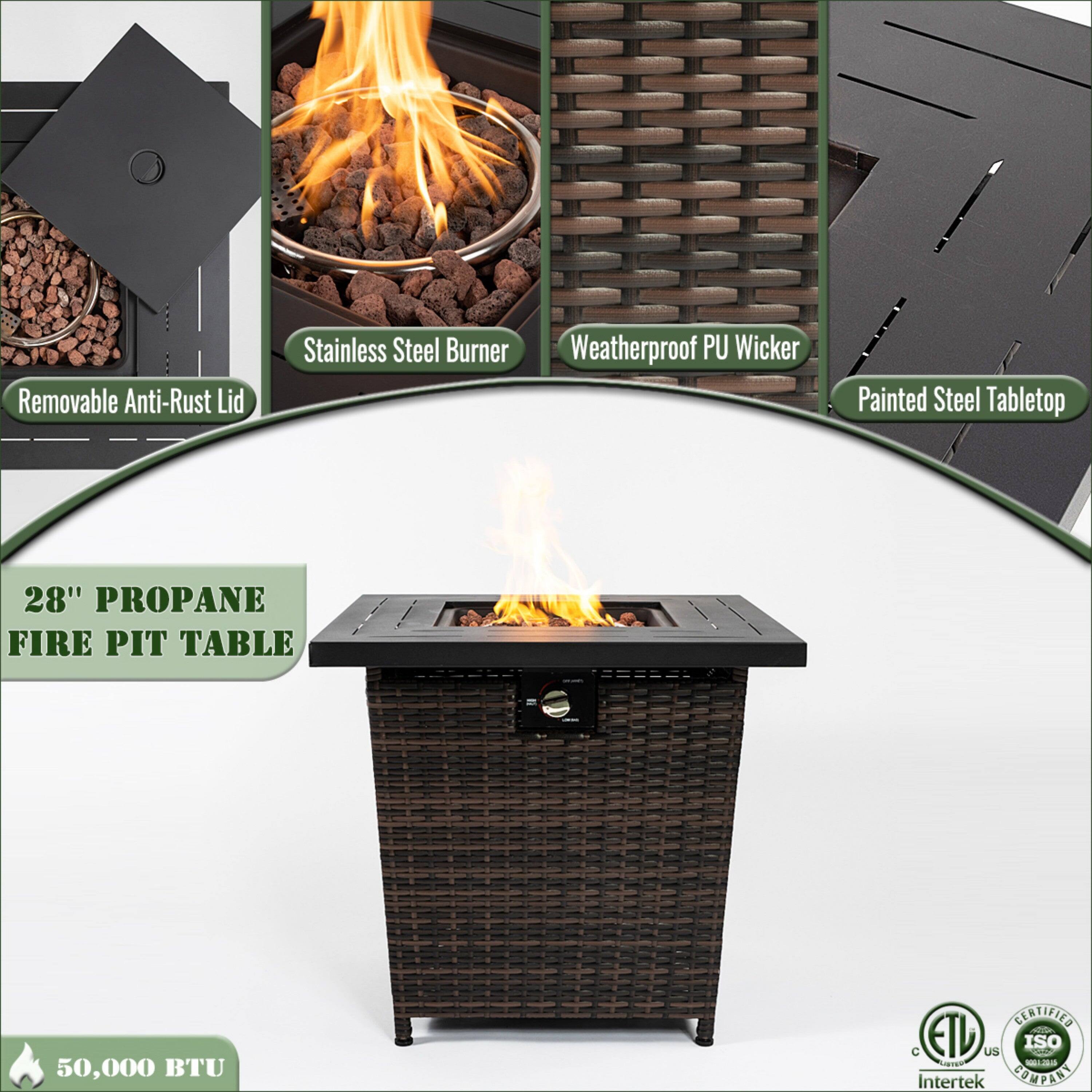 Removable Anti-Rust Lid  
Stainless Steel Burner  
Weatherproof PU Wicker  
Painted Steel Tabletop  

28" Propane Fire Pit Table  
50,000 BTU  

Certified ETL - C US  
Intertek  
ISO