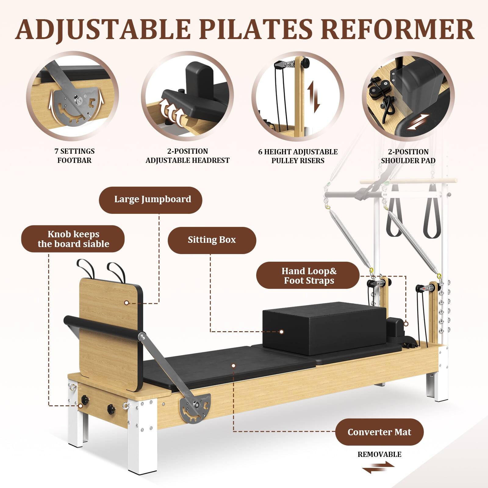 ADJUSTABLE PILATES REFORMER
7 SETTINGS FOOTBAR
2-POSITION ADJUSTABLE HEADREST
6 HEIGHT ADJUSTABLE PULLEY RISERS
2-POSITION SHOULDER PAD
Large Jumpboard
Knob keeps the board stable
Sitting Box
Hand Loop& Foot Straps
Converter Mat
REMOVABLE