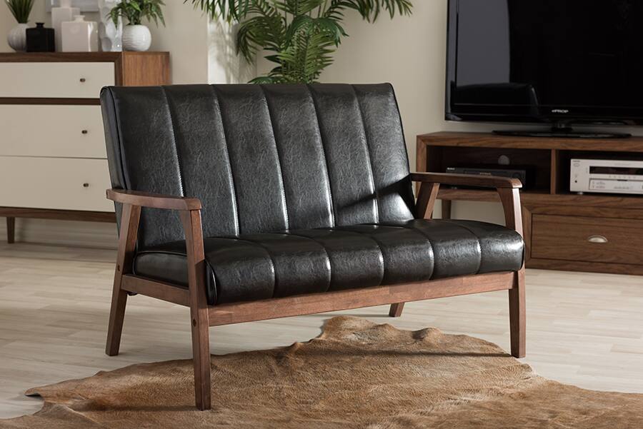 Back. Baxton Studio - Nikko Mid-century Modern Scandinavian Style Faux Leather Wooden 2-Seater Loveseat - Black.