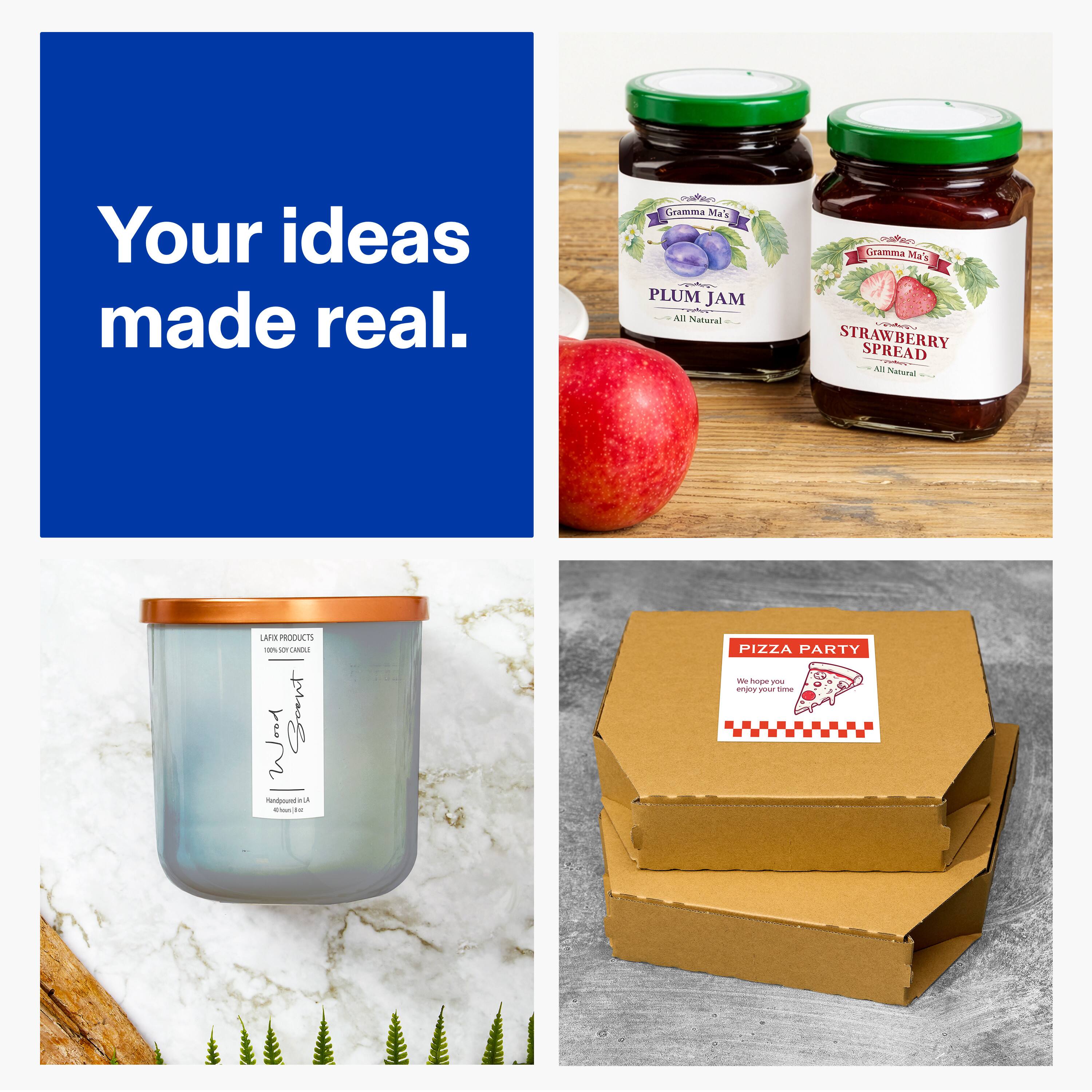 Your ideas made real.

Gramma Ma's PLUM JAM  
All Natural

Gramma Ma's STRAWBERRY SPREAD  
All Natural

LARK PRODUCTS  
100% SOY CANDLE  
Handpoured in L.A.  
8 oz - 226 g

PIZZA PARTY  
We hope you enjoy your time