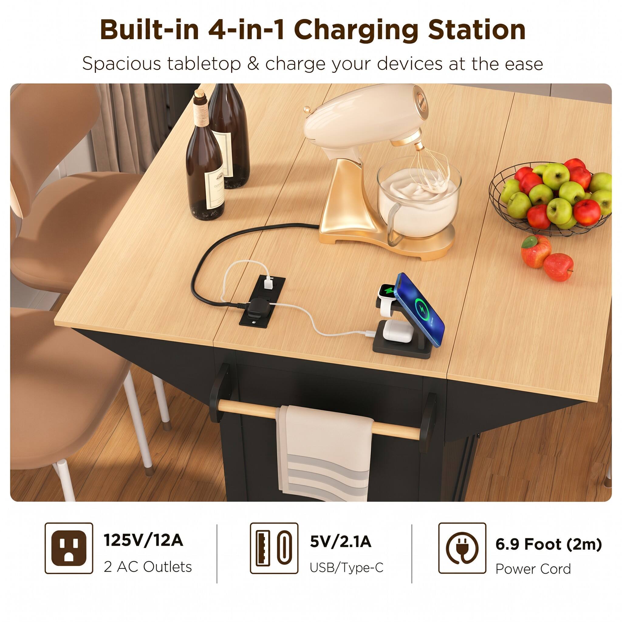 Built-in 4-in-1 Charging Station  
Spacious tabletop & charge your devices at the ease  
125V/12A  
2 AC Outlets  
5V/2.1A USB/Type-C  
6.9 Foot (2m) Power Cord