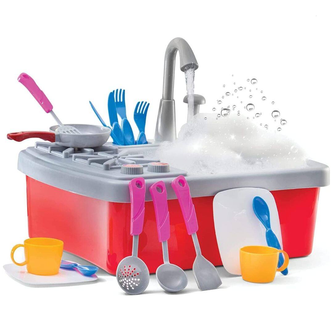 Front. Play22 - Play22 Kids Play Sink with Running Water – 17 Pc Kitchen Sink Toy with Faucet, Dishes, Utensils & Cooking Stove.