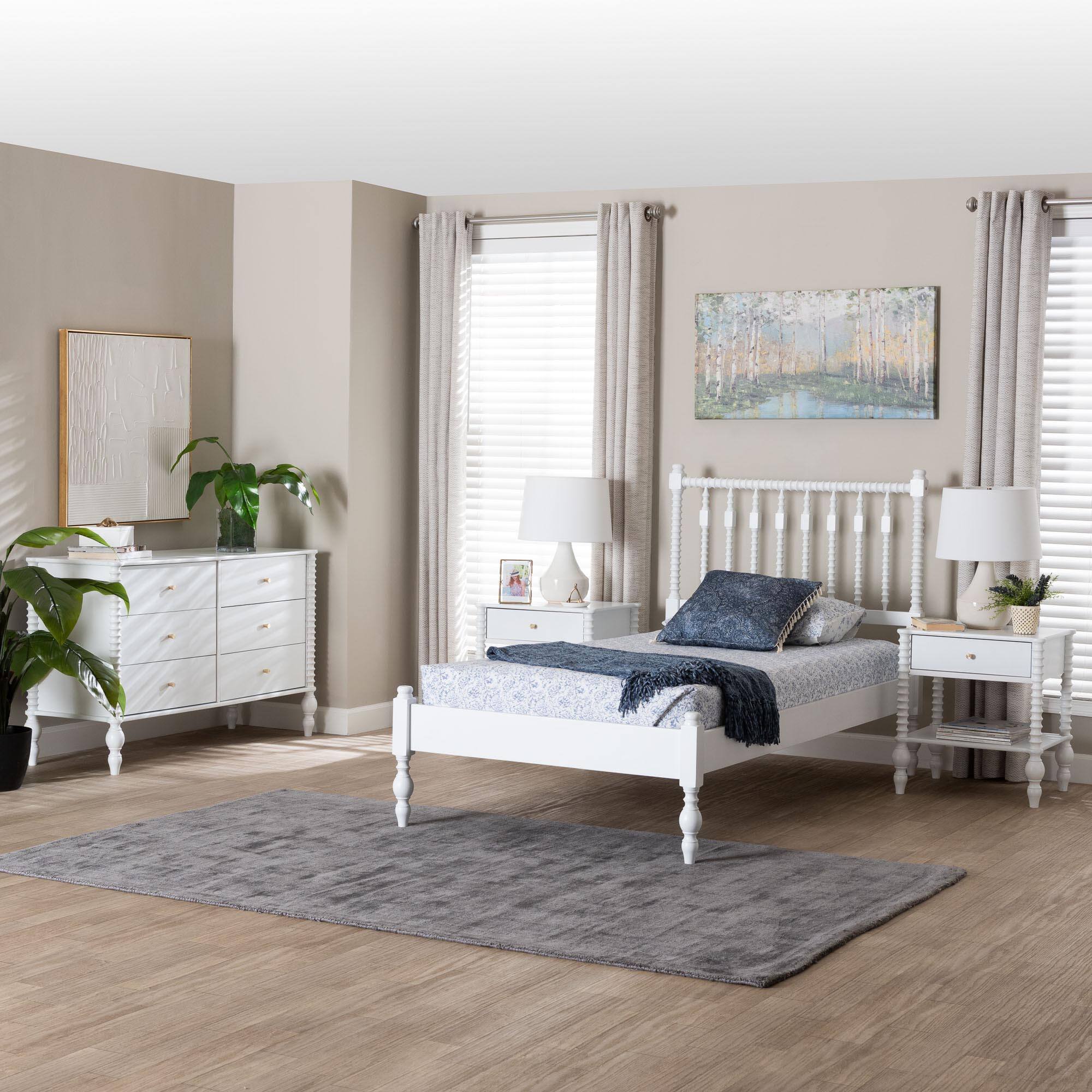 Alt View 7. Baxton Studio - Denita Spindle 4-Piece Bedroom Set - Farmhouse Platform Bed with Matching Dresser and 1-Drawer Nightstands, Twin - White.