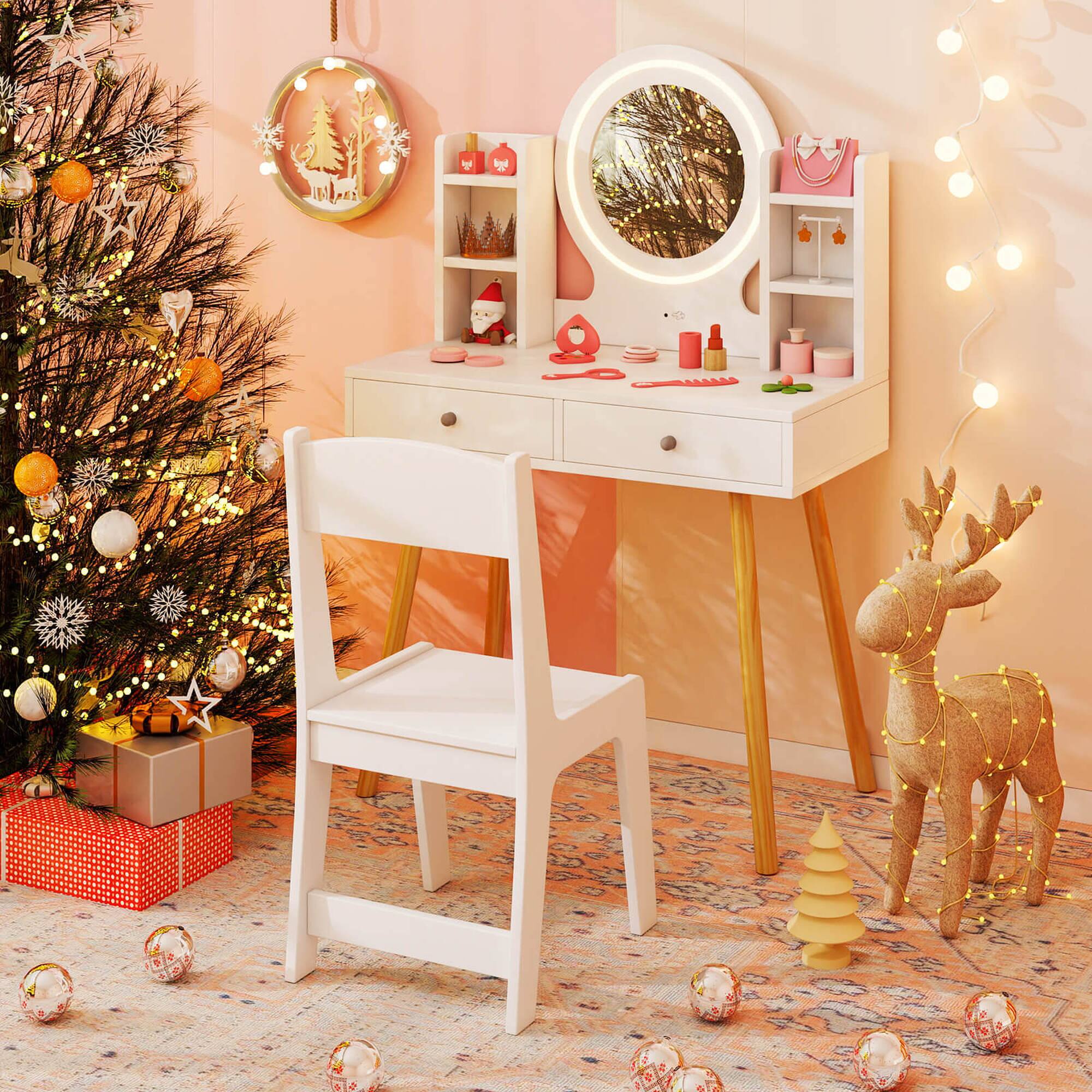 Alt View 4. Costway - Costway Kids Vanity Set Princess Vanity Desk Set with 2-Color LED Lighted Acrylic Mirror - White.