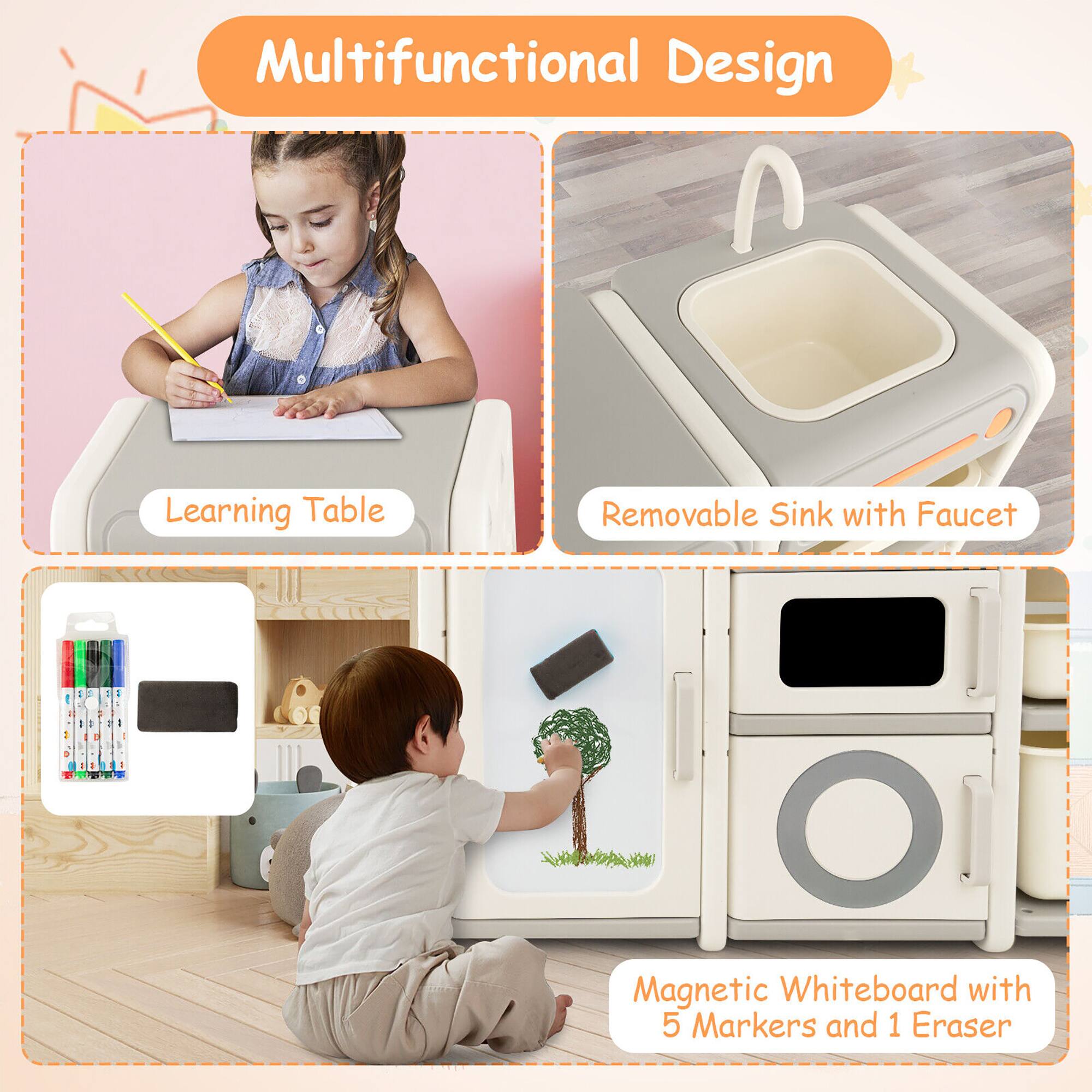 Multifunctional Design Learning Table Removable Sink with Faucet:  
- Magnetic Whiteboard with 5 Markers and 1 Eraser