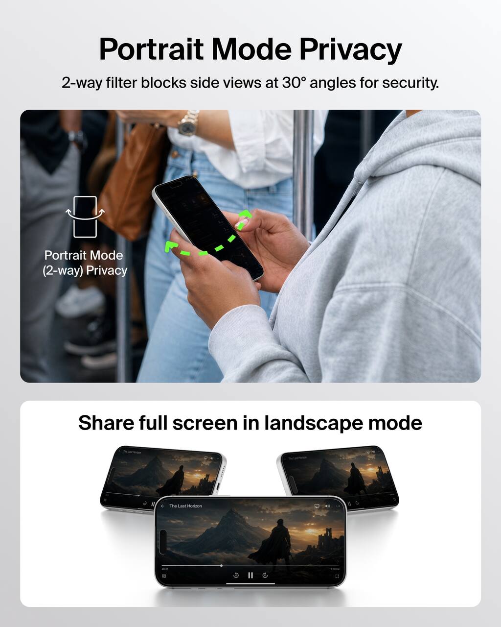 Portrait Mode Privacy  
2-way filter blocks side views at 30° angles for security.  

Portrait Mode (2-way) Privacy  

Share full screen in landscape mode  

The Last Horizon