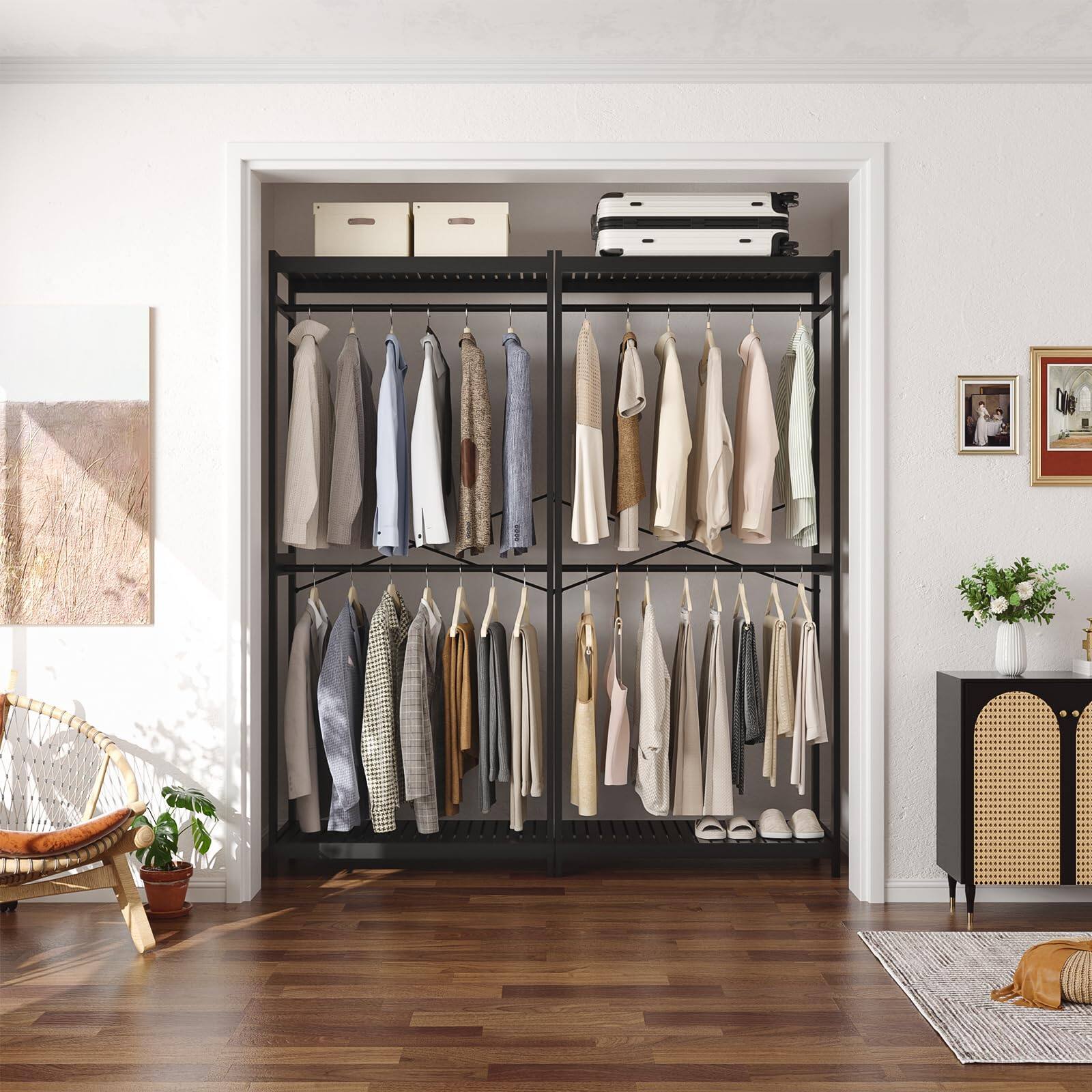 Alt View 1. Hirose Alice - Homykic Bamboo Clothes Rack with Shelves and Double Hang Rods  Closet System Garment Rack for Hanging Clothes - Natural I Single.