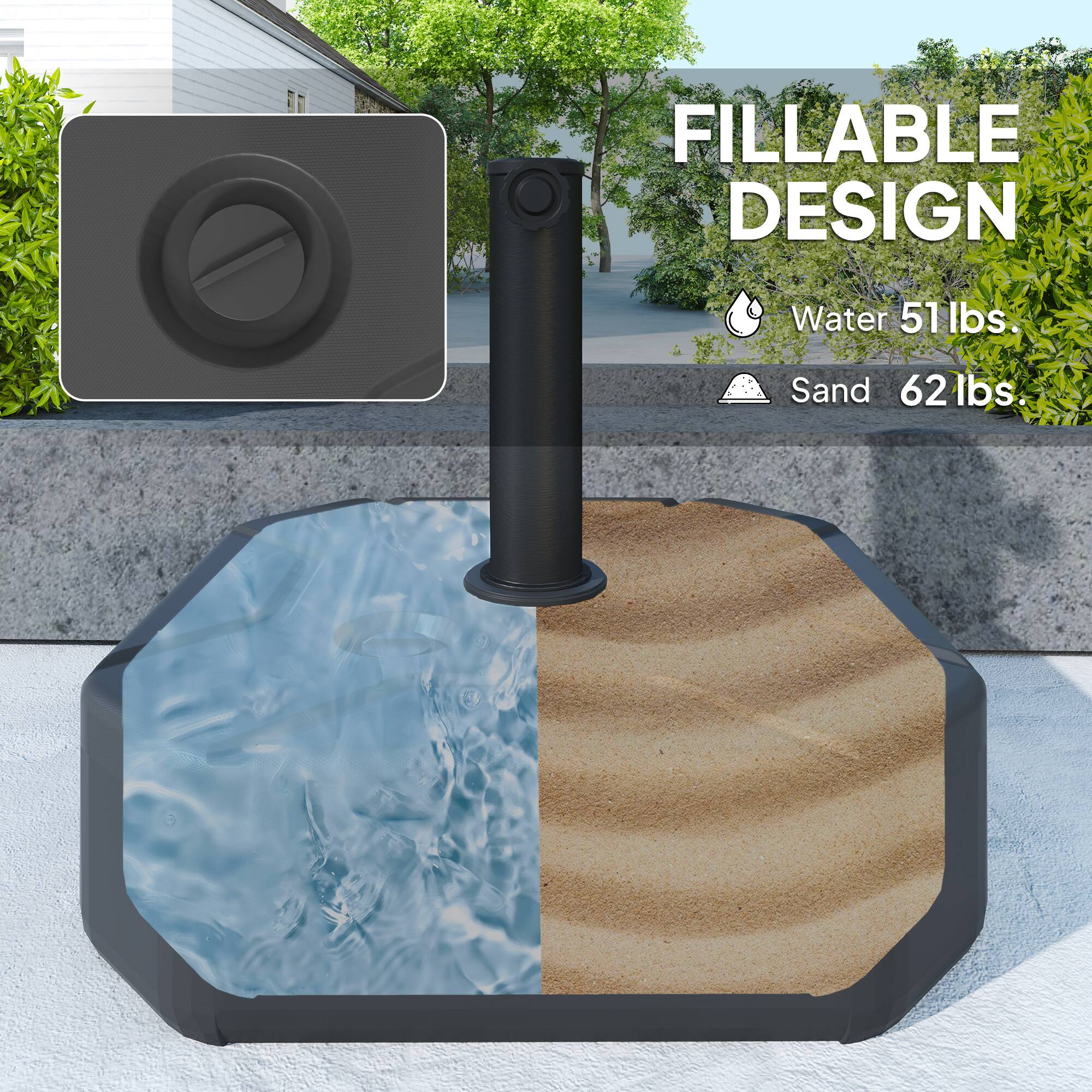 FILLABLE DESIGN
Water 51 lbs.
Sand 62 lbs.
