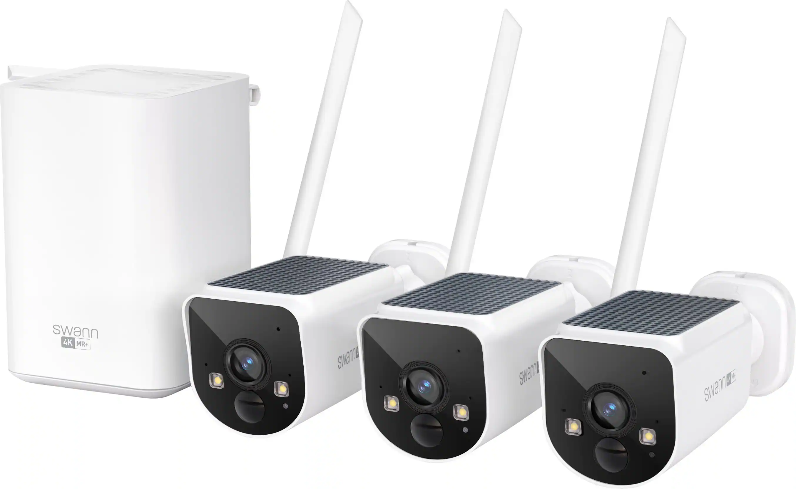 Swann - MaxRanger4K Solar 3 Camera Security System, Forever Charged Solar Panel, Longest Wi-Fi Range, Night Vision, Fee Free - White