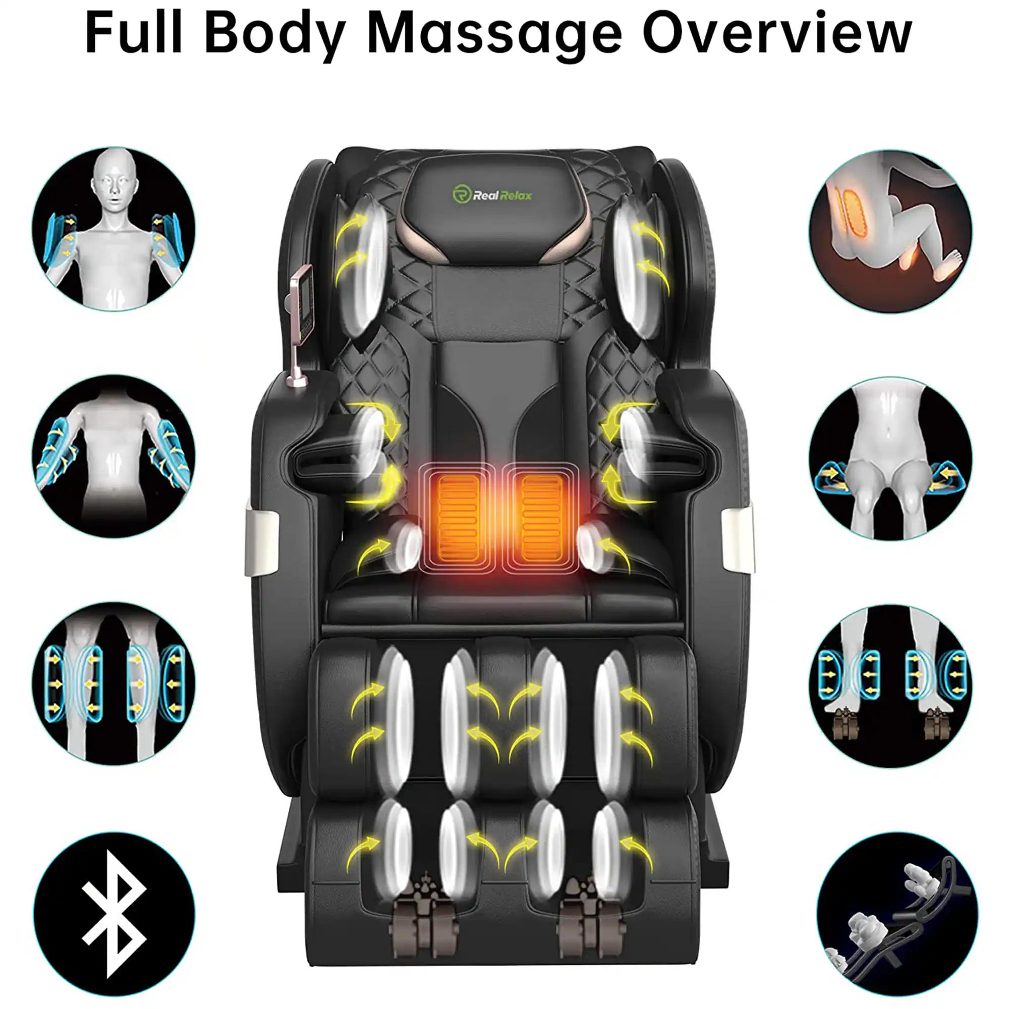 Full Body Massage Overview

- Real Relax

- Neck and Shoulder Massage
- Back and Lumbar Massage
- Heat Therapy
- Foot Massage
- Leg Massage
- Air Compression
- Shiatsu Massage