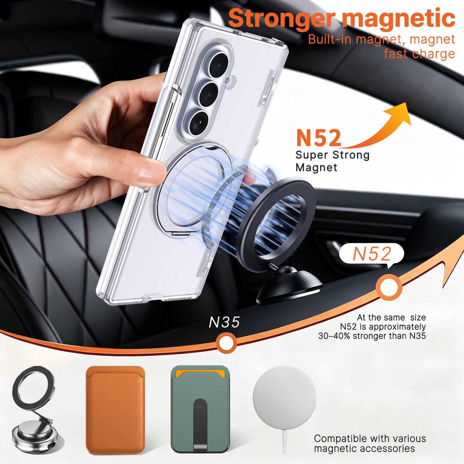 Stronger magnetic  
Built-in magnet, magnet fast charge

N52  
Super Strong Magnet

N52  
At the same size N52 is approximately 30-40% stronger than N35

Compatible with various magnetic accessories