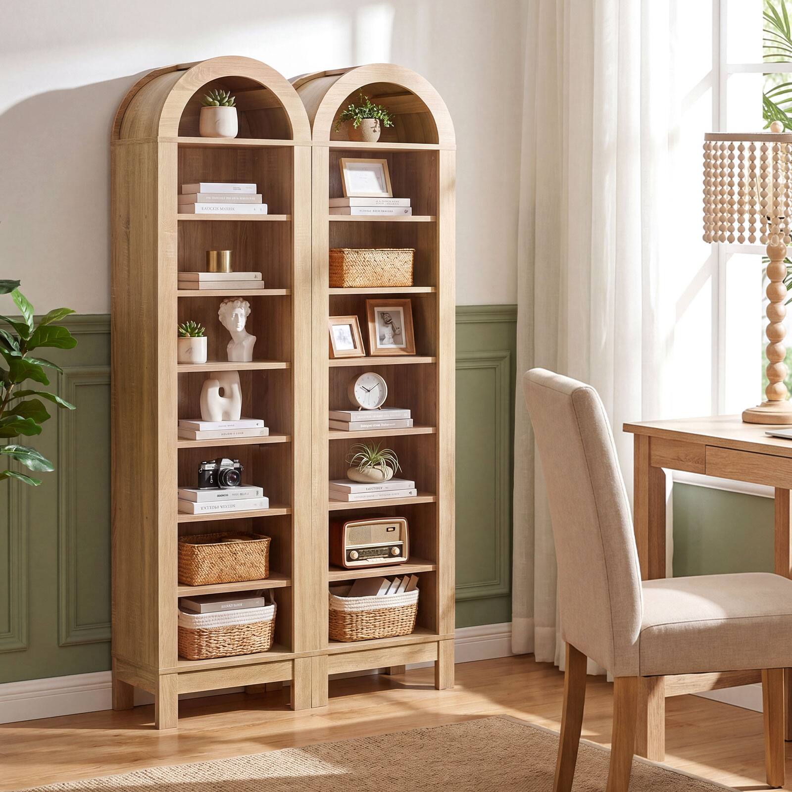 Alt View 1. Gymax - Gymax 2PCS 71'' Tall Arched Bookcase 8-Tier Arch Bookshelf w/3 Adjustable Shelves - Yellow.