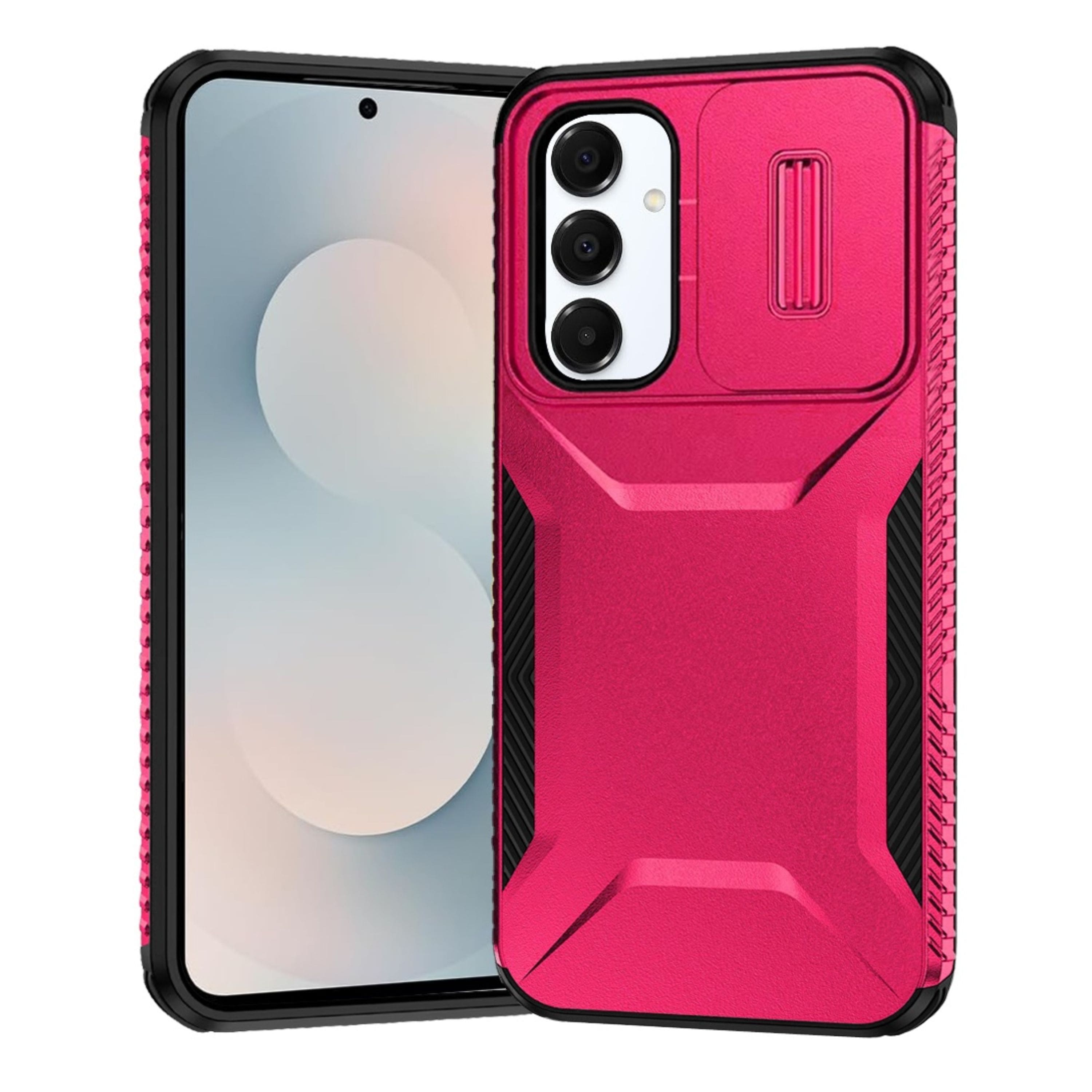Kitcheniva - Rugged Side Grip Sliding Lens Phone Case With Tempered Glass For Samsung Galaxy S25 FE - Hot Pink