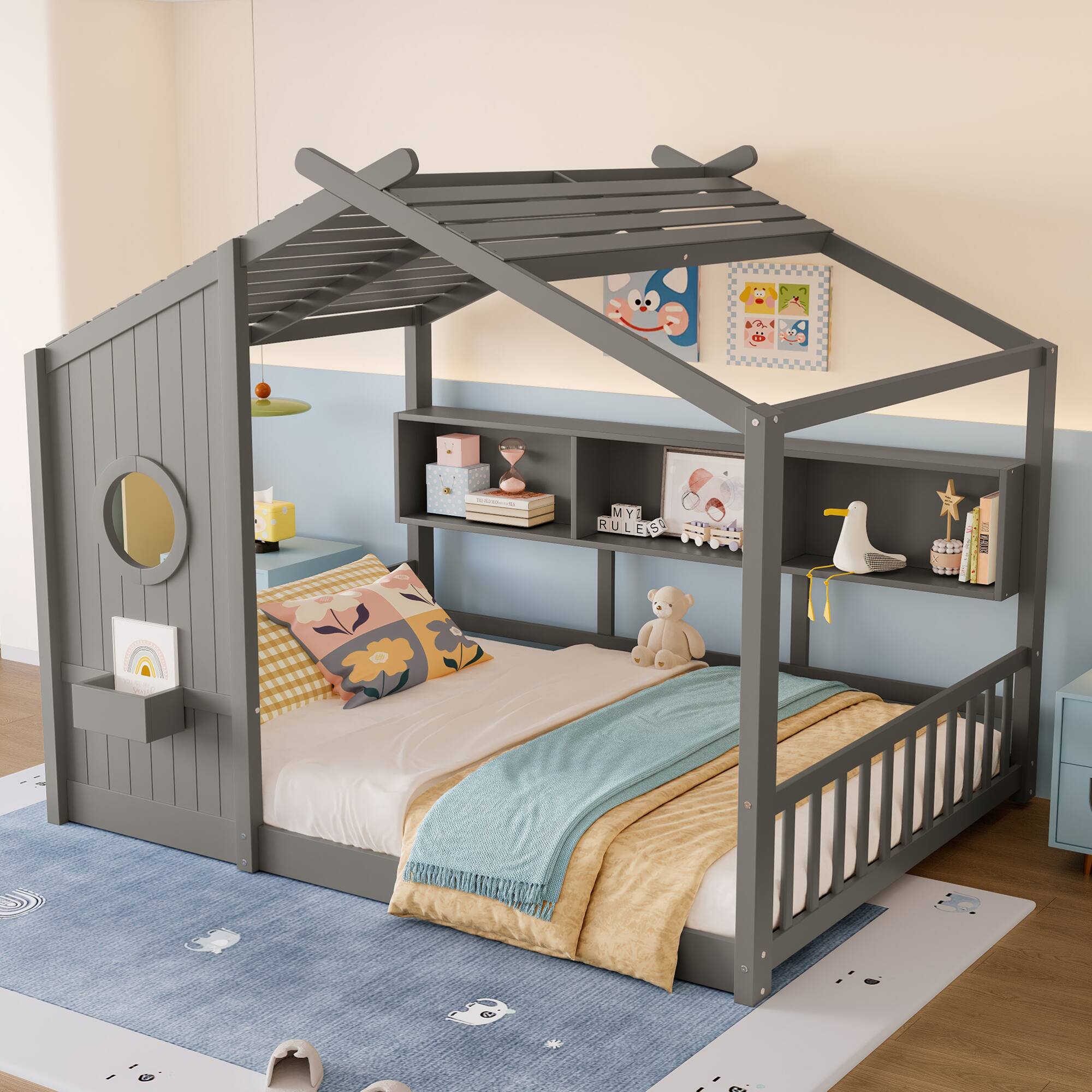 Left. GOODSILO - Montessori Floor House Bed for Toddlers with Storage Shelf and Playhouse Roof Design - Gray.
