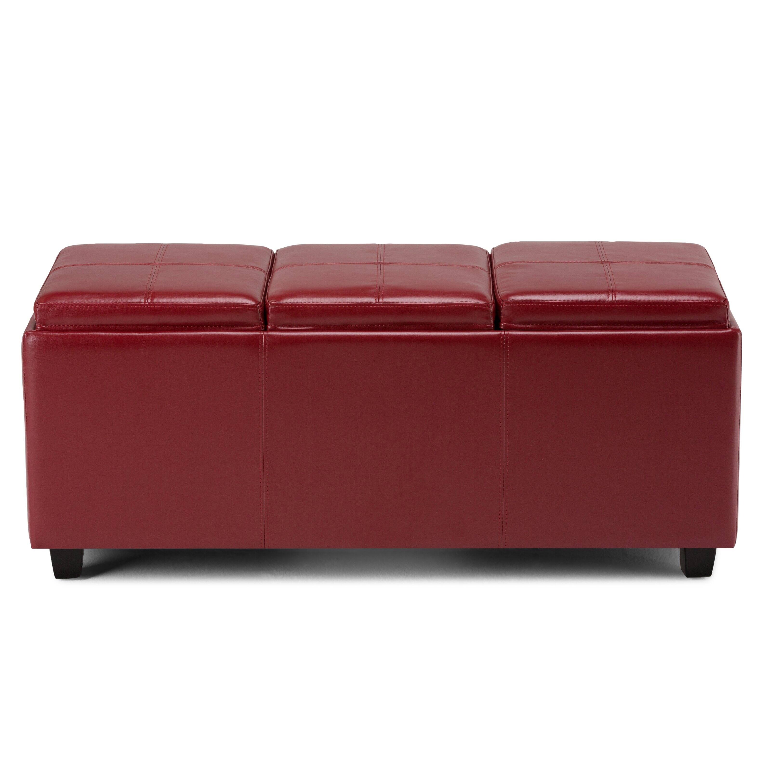 Left. Simpli Home - Avalon 42 inch Wide Storage Ottoman in Red Vegan Leather - Red.
