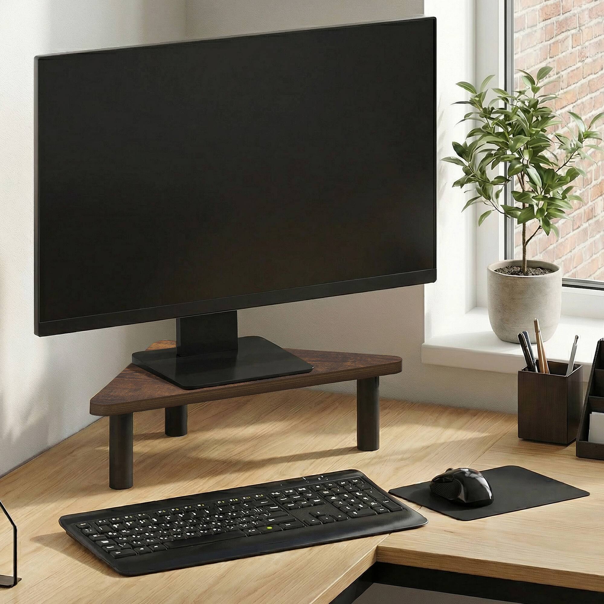 Alt View 1. Furinno - TURN-N-TUBE Monitor Stand Riser, Triangle Corner Monitor Riser, Toolless Laptop Stand for Desk, Office Desk Accessories - Amber Pine/Black.