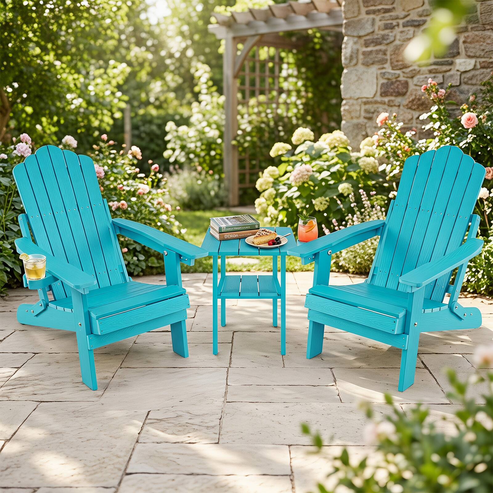 Alt View 1. Gymax - Gymax 2PCS Folding Adirondack Chair w/ 5-Level Backrest Wooden Textured for Lawn Turquoise - Green.