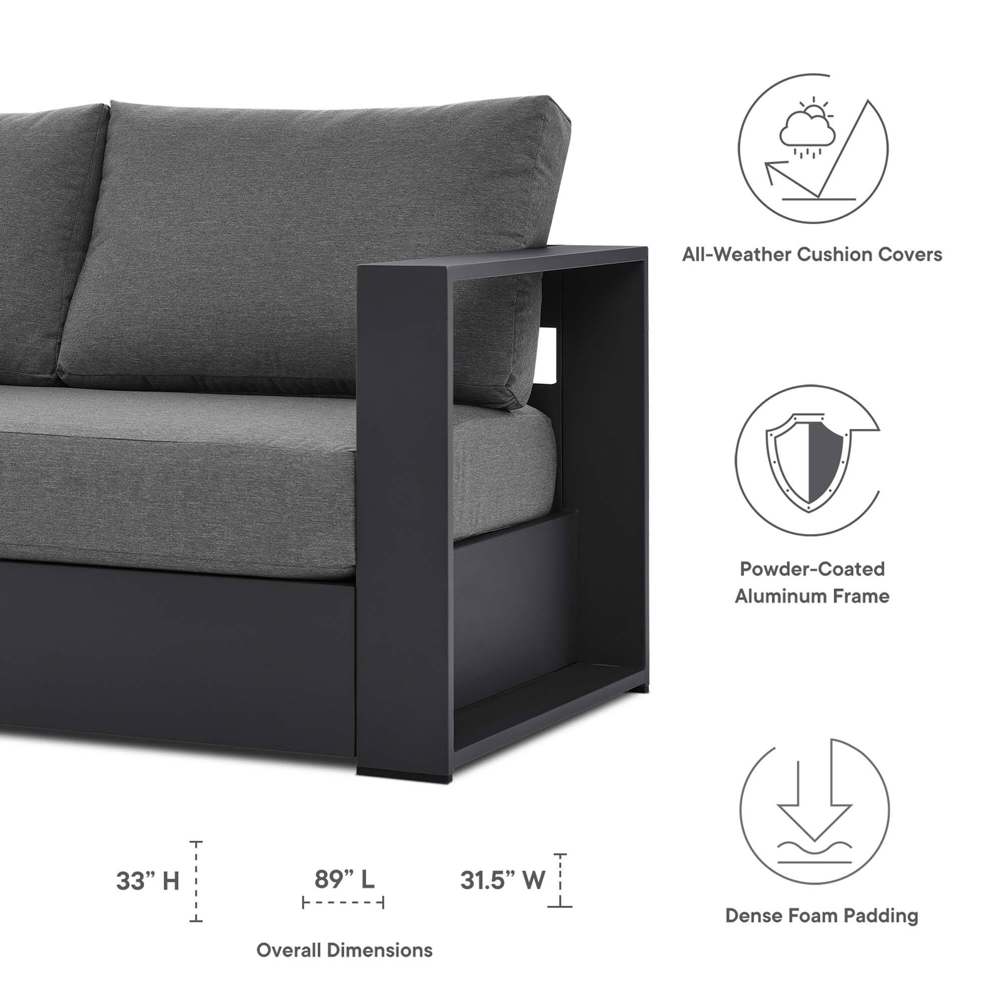All-Weather Cushion Covers  
Powder-Coated Aluminum Frame  
33" H x 89" L x 31.5" W  
Overall Dimensions  
Dense Foam Padding