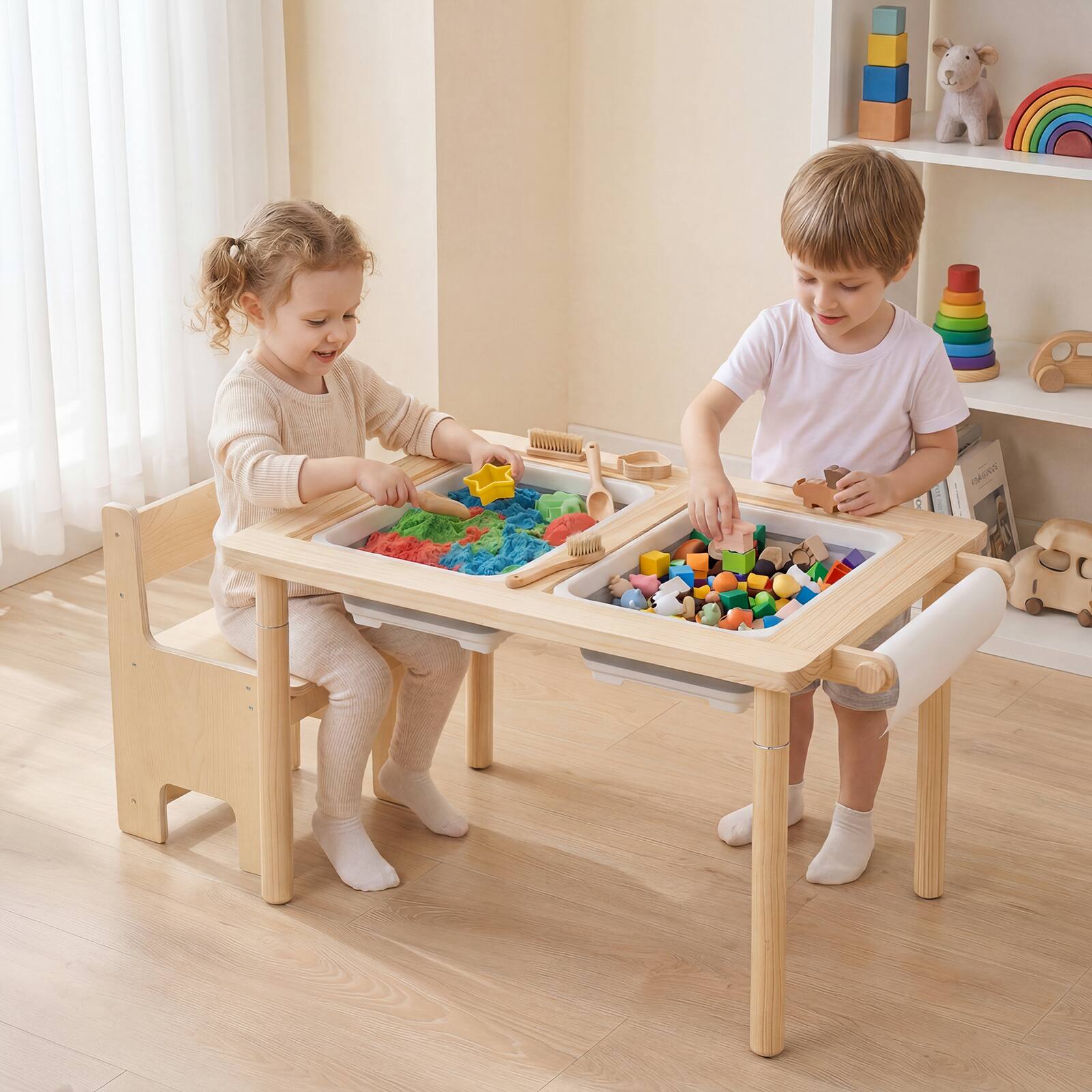 Alt View 1. Costway - Costway Kids Sensory Table and Chair Set with Adjustable Height, Dual Sided Top, 2 Bins - Natural-1 chair.