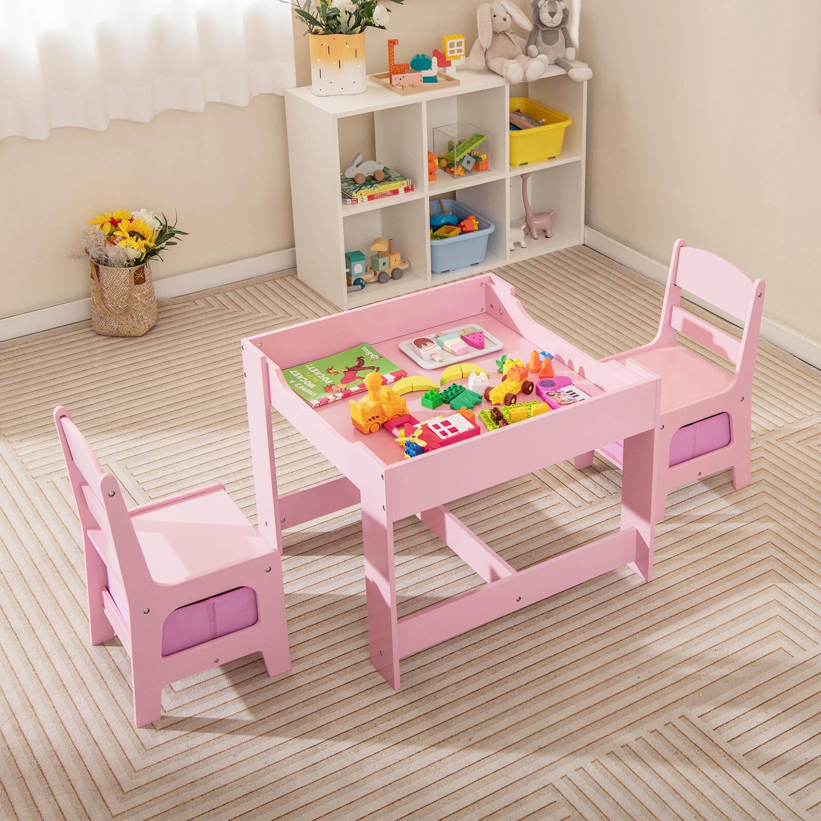 Alt View 2. Costway - Costway 3 in 1 Kids Wood Table Chairs Set w/ Storage Box Blackboard Drawing - Pink.