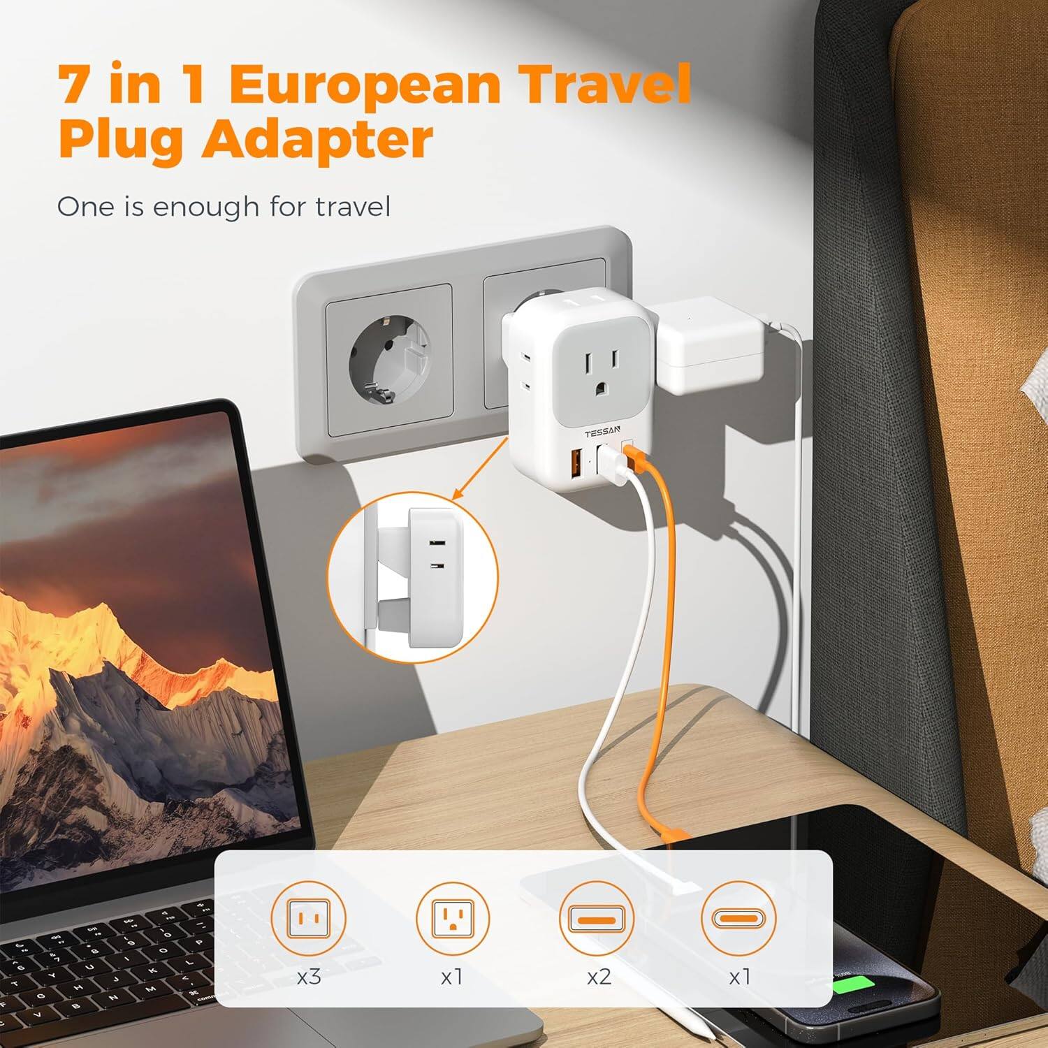 7 in 1 European Travel Plug Adapter  
One is enough for travel  

TESSAN