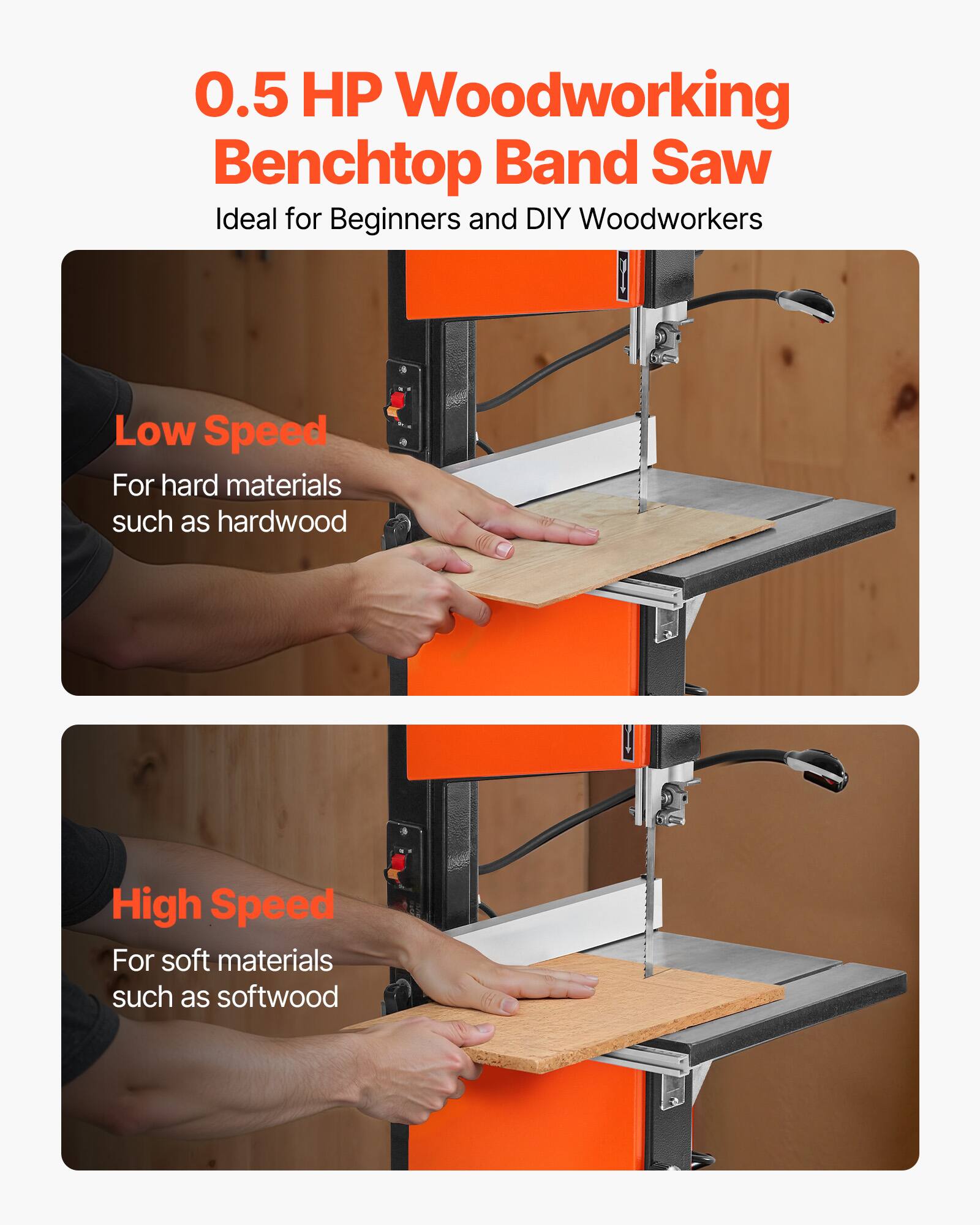 0.5 HP Woodworking Benchtop Band Saw  
Ideal for Beginners and DIY Woodworkers  

Low Speed  
For hard materials such as hardwood  

High Speed  
For soft materials such as softwood