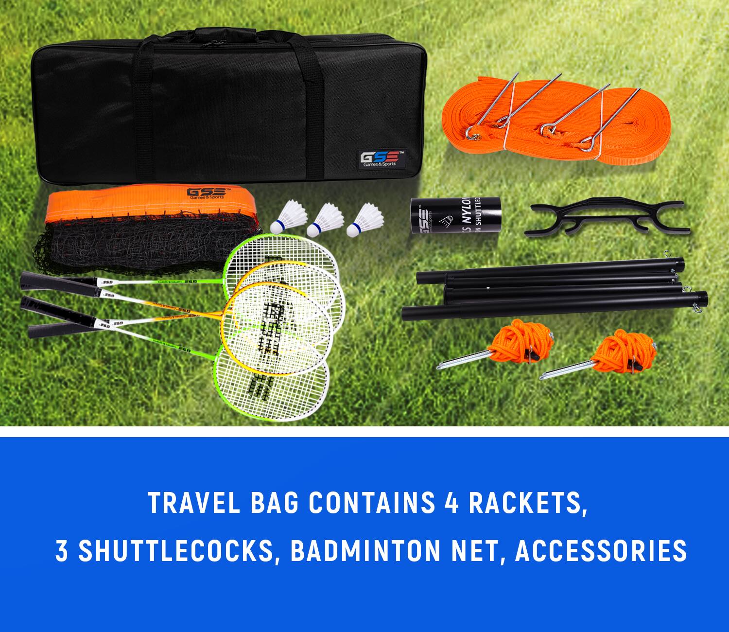 I GSE etipon GSE - ES : NYLO SHUTTLE 5 & ... TRAVEL BAG CONTAINS 4 RACKETS, 3 SHUTTLECOCKS, BADMINTON NET, ACCESSORIES
