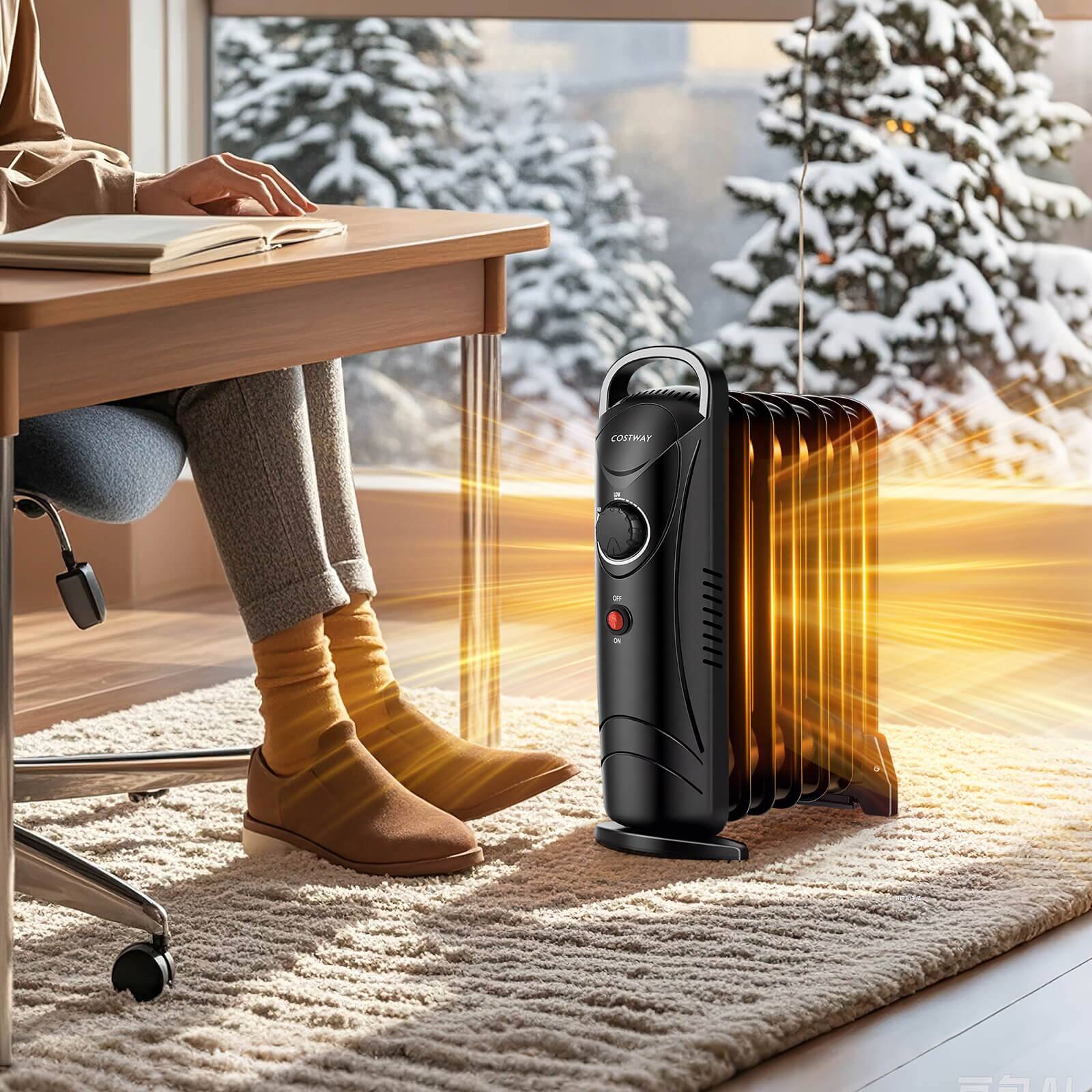 Alt View 4. Costway - Costway 700W Portable Oil Heater with  Adjustable Thermostat & 120 Sq.Ft Heating Range - Black.