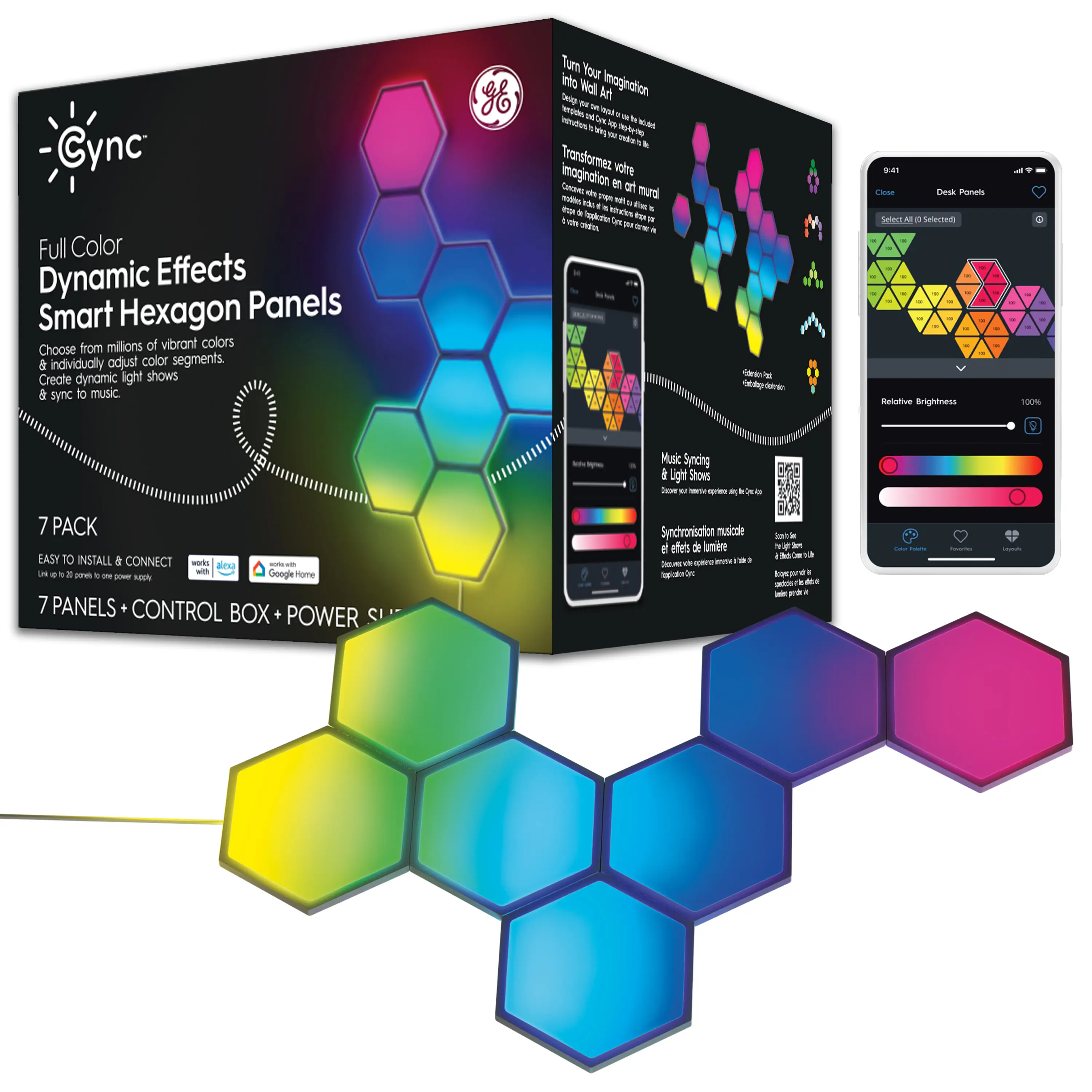 Cync Full Color Dynamic Effects Smart Hexagon Panels offer millions of vibrant colors to choose from and individually adjust color segments. Create dynamic light shows and sync them to music with this innovative product. Transform your imagination with the Cync Full Color Dynamic Effects Smart Hexagon Panels. The package includes 7 panels and a control box, making it easy to install and connect. With 8 light shows and music synchronization, this product is perfect for anyone looking to add a unique and colorful touch to their space.