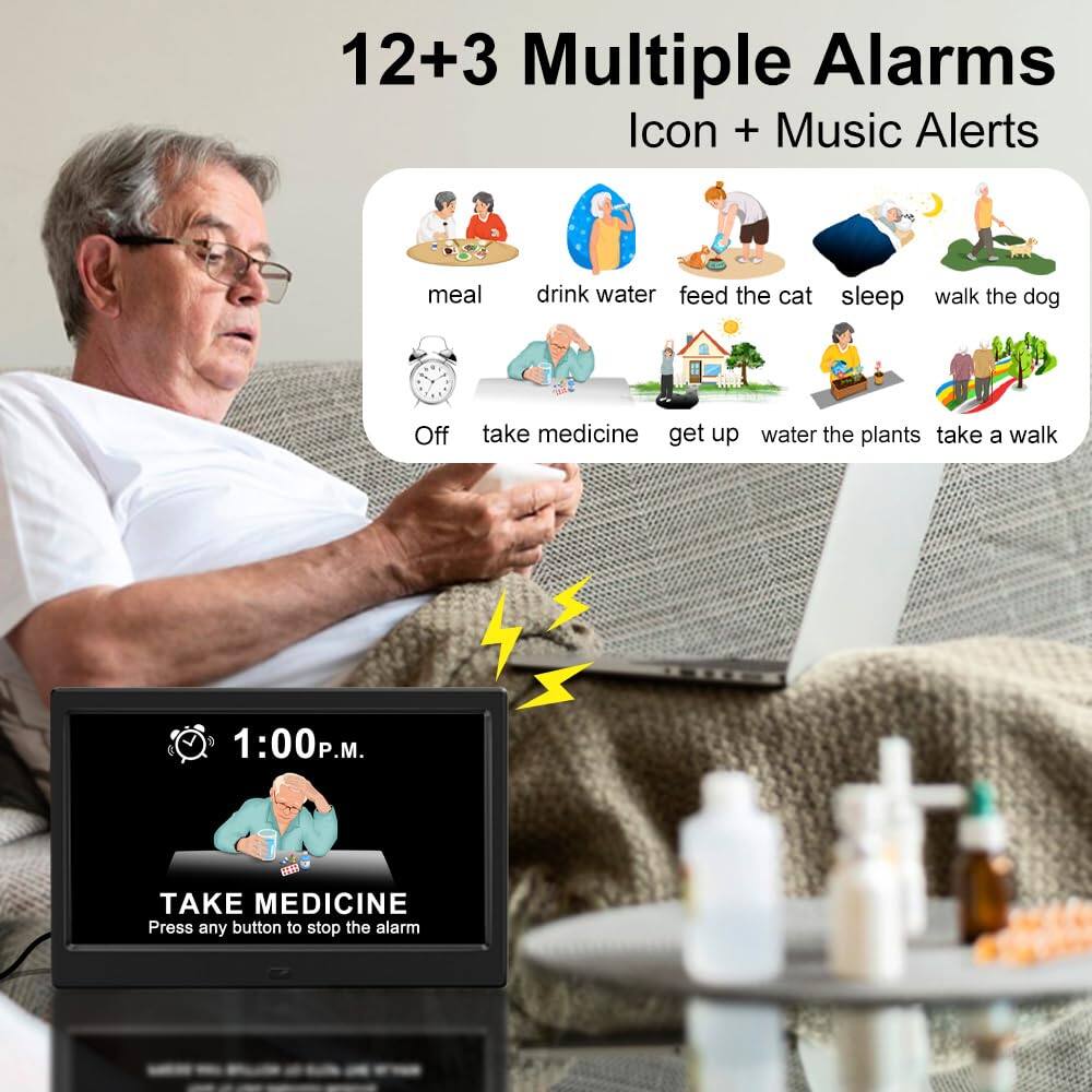 12+3 Multiple Alarms  
Icon + Music Alerts  

meal  
drink water  
feed the cat  
sleep  
walk the dog  
Off  
take medicine  
get up  
water the plants  
take a walk  

1:00 P.M.  
TAKE MEDICINE  
Press any button to stop the alarm