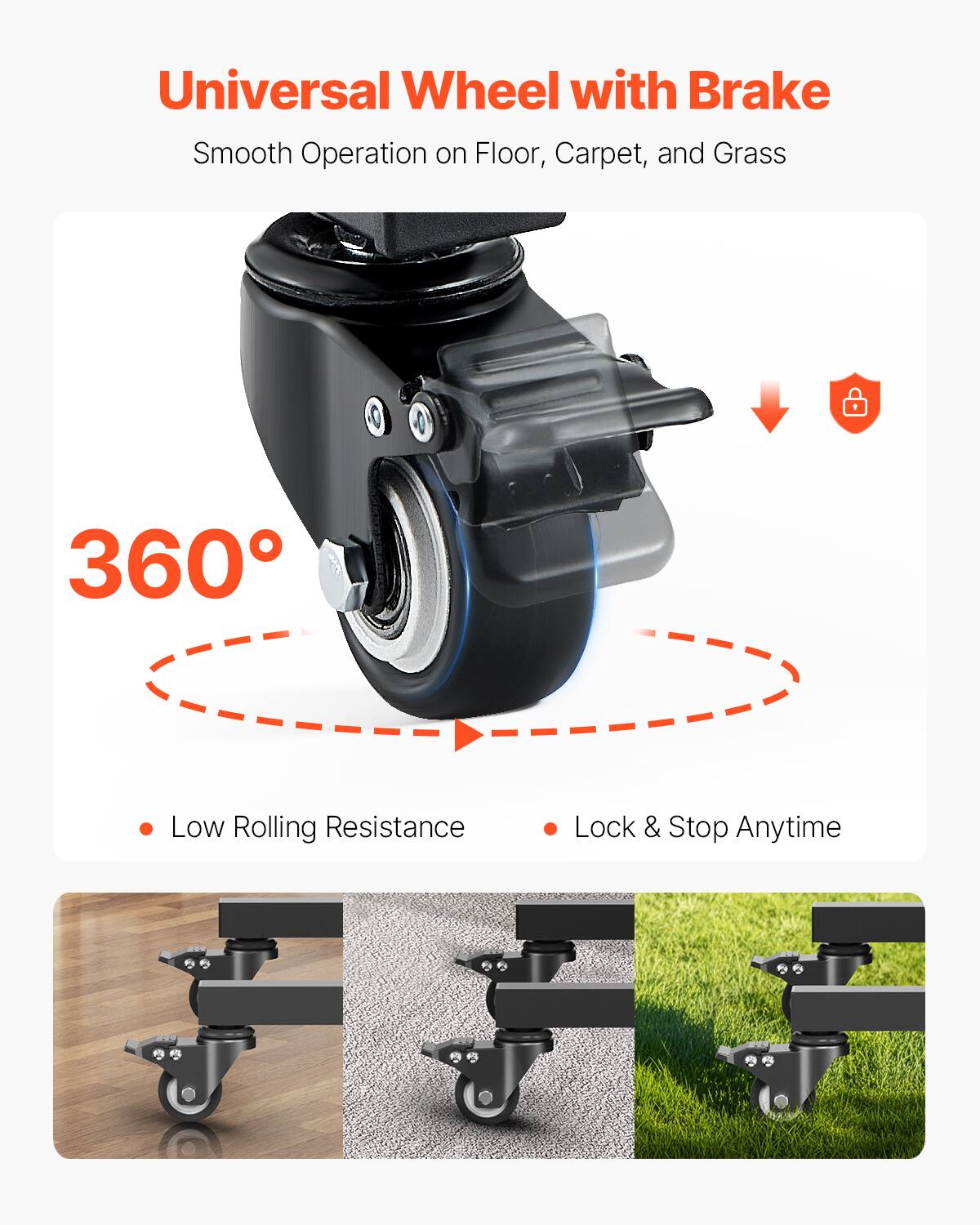 Universal Wheel with Brake
Smooth Operation on Floor, Carpet, and Grass
360°
Low Rolling Resistance
Lock & Stop Anytime