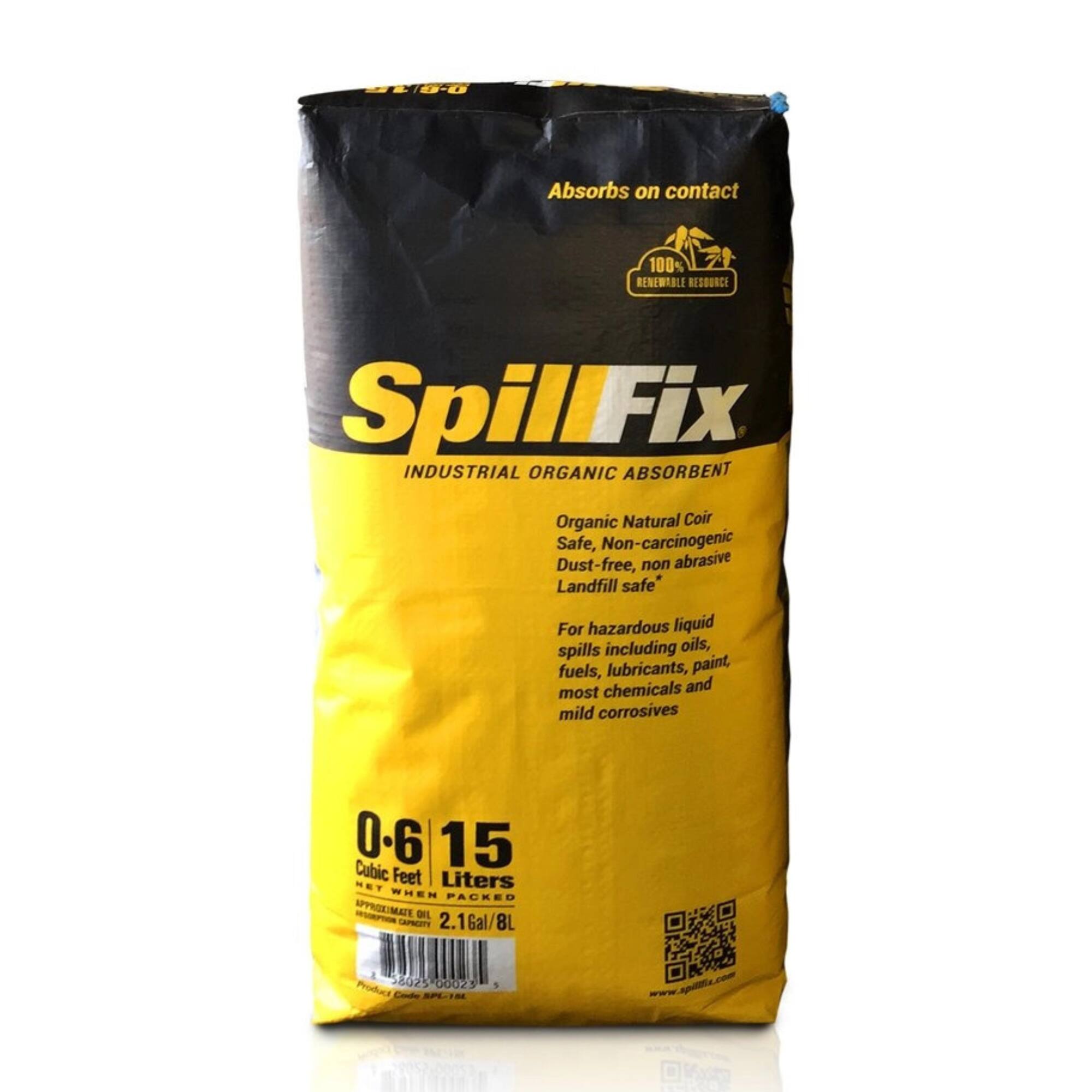 ST/G-O  
Absorbs on contact  
100% RENEWABLE RESOURCE  
SpillFix INDUSTRIAL ORGANIC ABSORBENT  
Organic Natural Coir Safe, Non-carcinogenic Dust-free, non abrasive Landfill safe*  
For hazardous liquid spills including oils, fuels, lubricants, paint, most chemicals and mild corrosives  
0.6 15 Cubic Feet Liters NET WHEN PACKED AUTORPTION APPROXIMATE OIL 2.1Gal/8L CAPACITY  
& Product 58025 00023 Code SPL-15L